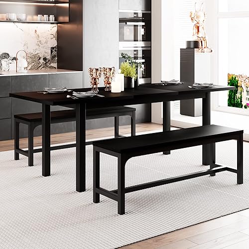 Feonase 3-Piece 63" Dining Table Set with 2 Benches, XL Large Extendable Kitchen Table Set for 4-8 People, Dining Room Table with Metal Frame and Solid MDF Wood Board, Easy Assembly, Black