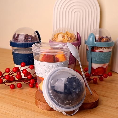 Miniatura 4 de Salda Paquete de 4 tazas de desayuno sobre la marcha, taza de yogur para llevar y llevar con cobertura de cereales con cuchara, frasco de avena o