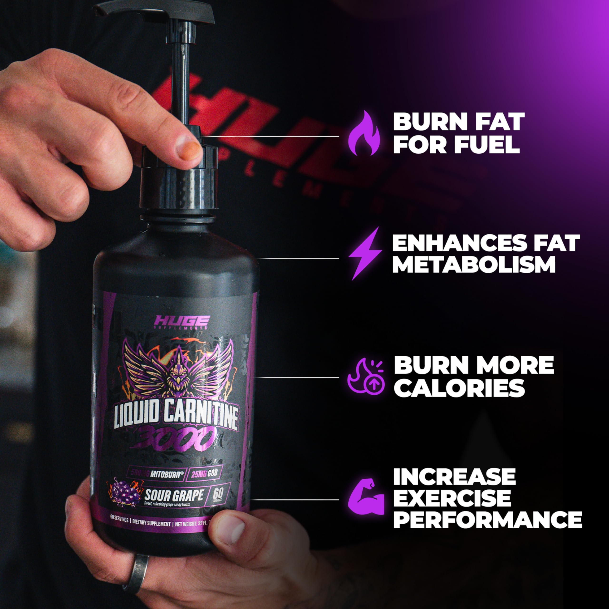 Amazon.com: Huge Supplements Liquid L-Carnitine 3000, Superior Potency  Infused with 500mg MitoBurn & 25mg GBB, Premium Stim-Free Thermogenic Fat  Burner & Energy Boost, Convenient Pump Top, 32 Oz (60 Servings) : Health