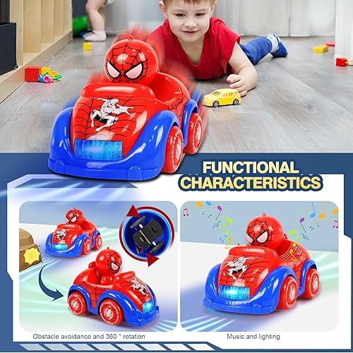 Miniatura 3 de Paquete de 2 autos eléctricos de aventura de superhéroes araña para niños de 3 a 8 años  Vehículos inteligentes con iluminación musical  Rotación de