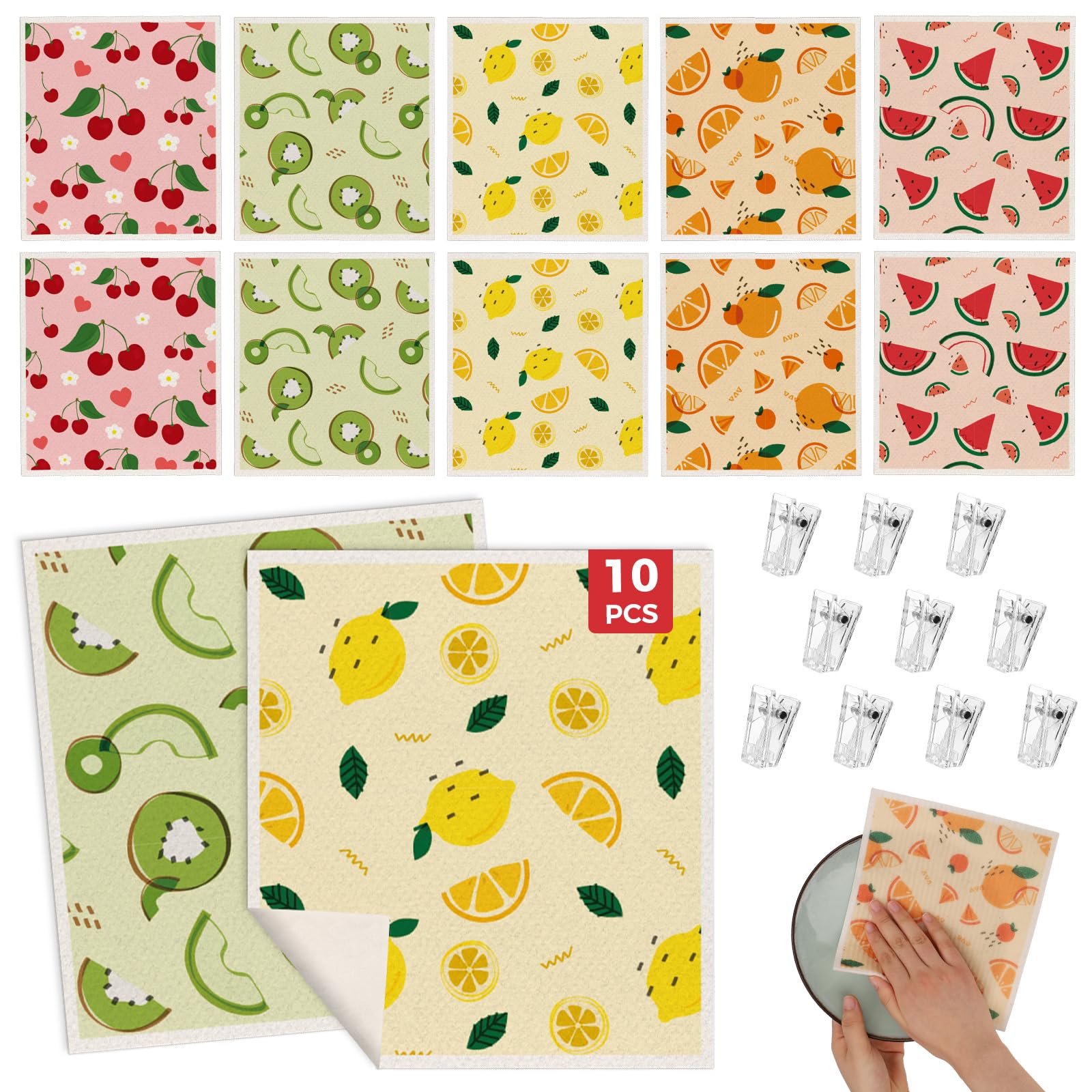 Torchon suédois pour cuisine wlich : lot de 10 chiffons lavables aux motifs de fruits