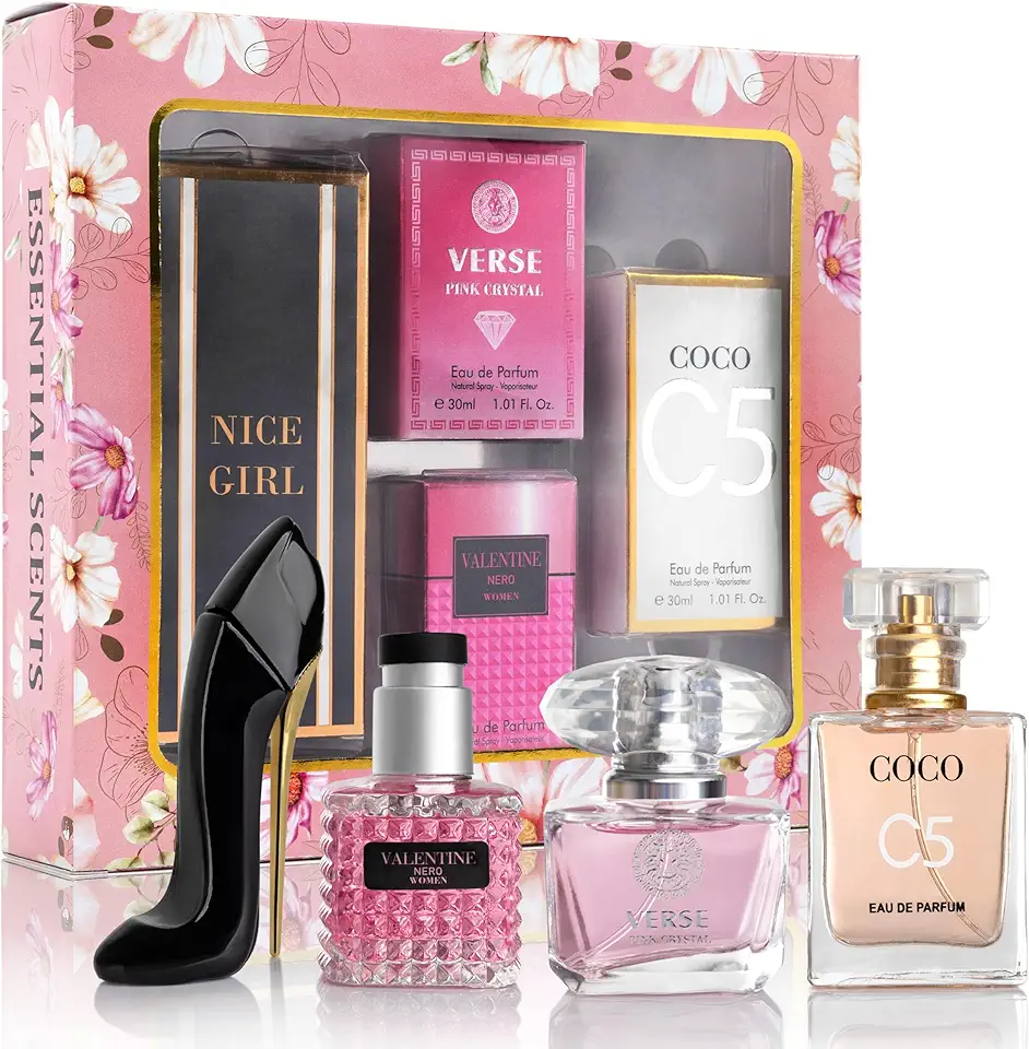 Essential 4 PC Mini Perfume Set, Birthday Gift Set for Women, Eau De Parfum 30ml Each, Vanilla Perfume &amp; Floral Fragrance, Long-Lasting Travel Size, C5, Verse Pink Crystal, Nice Girl &amp; Valenti