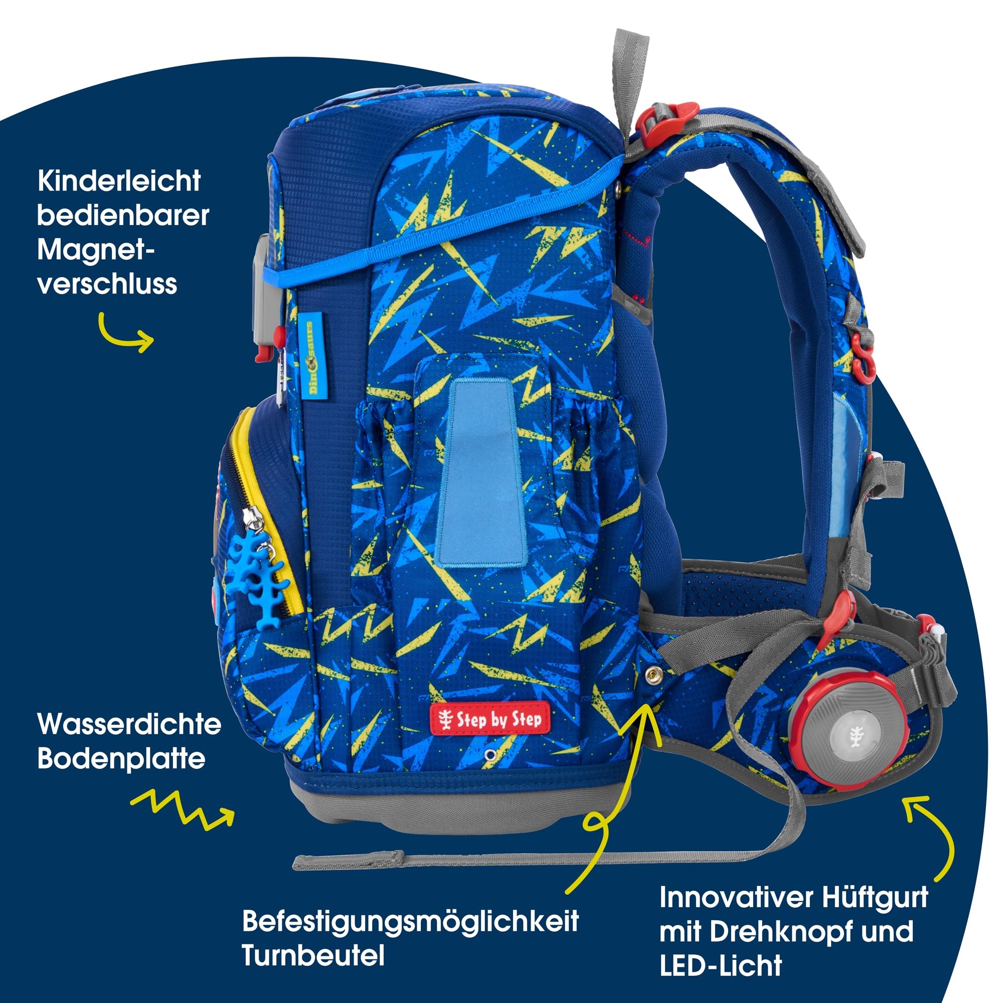 Step by Step Juego de mochila escolar Cloud de 5 piezas, macuto ergonómico con reflectores, altura regulable con cinturón fácil para niños a partir de 1ª clase, 19 l, Triceratops - Azul-amarillo