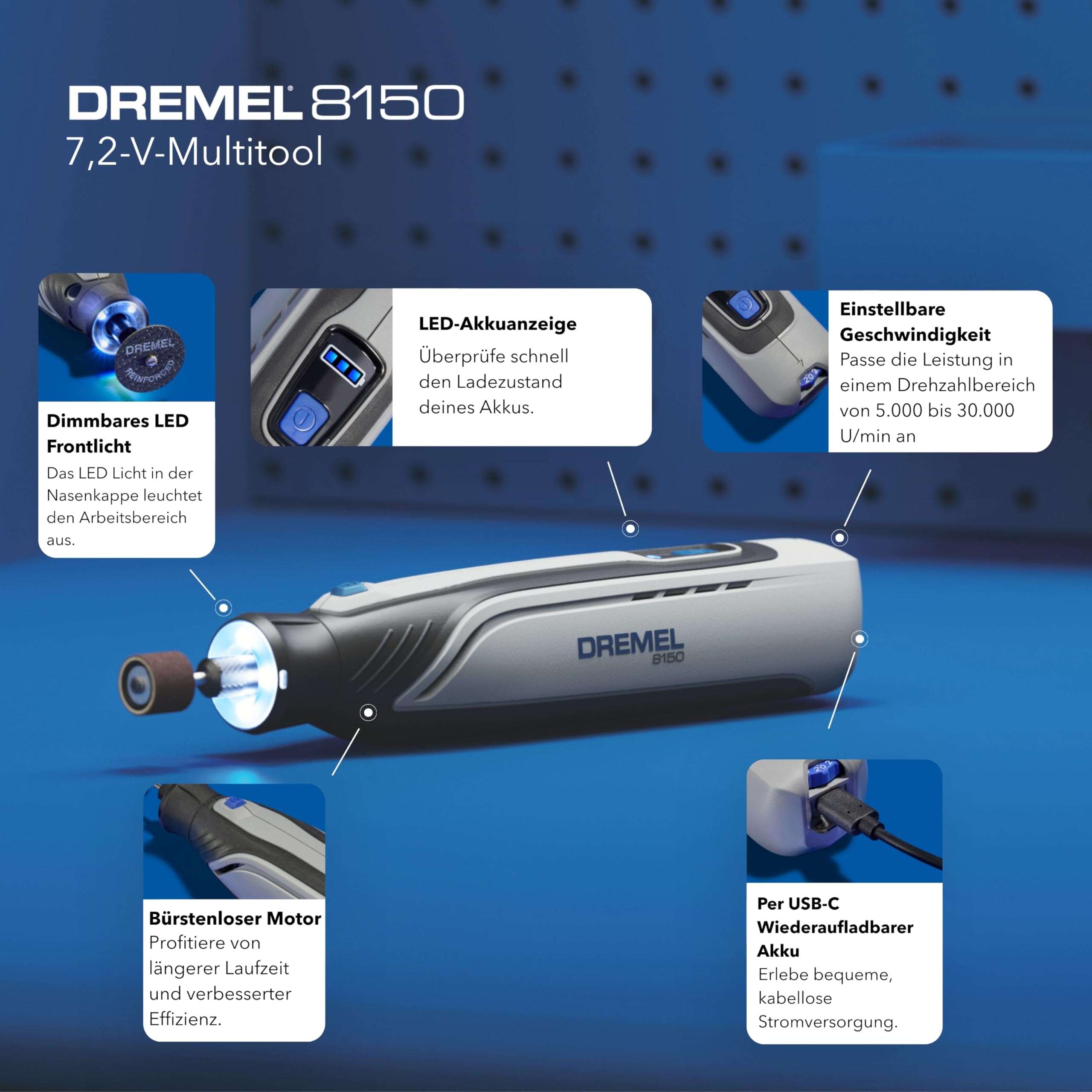 Dremel 8150 Bürstenloses Akku-Multitool-Set, 7,2V 2Ah per USB-C aufladbarer Akku, 20 Zubehöre, Variable Drehzahl von 5.000 bis 30.000 U/min, LED-Frontlicht, Schneiden, Schärfen, Schnitzen, Schleifen
