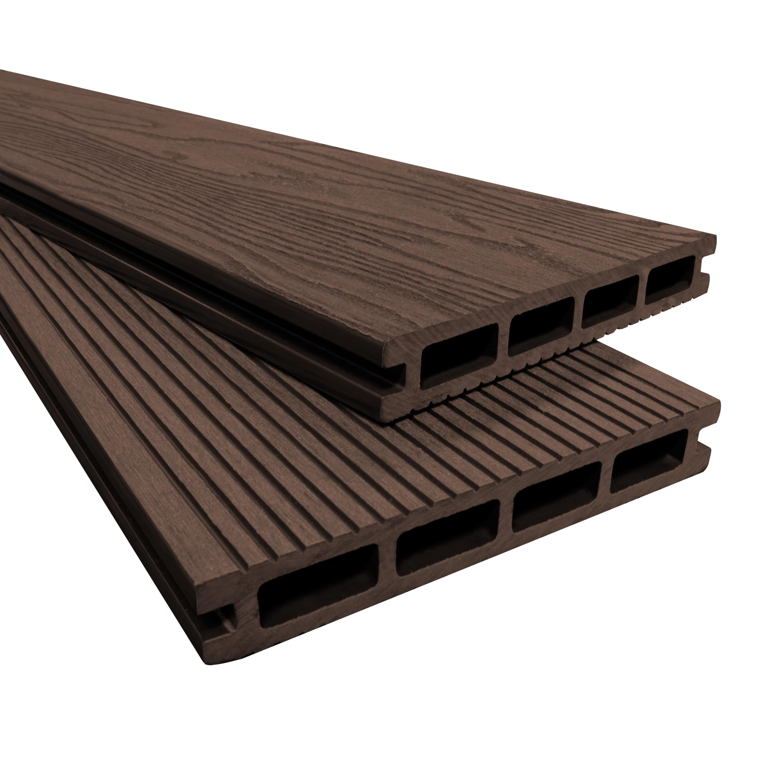 Composite WPC Decking Boards Brown x 5 Deep Embossed Woodgrain & 3D Groove Effect Reversible 2 Sided Plastic 2.5m Long Panels With L Angle Corner Trim FREE Steel Clips & Screw Fixings Included