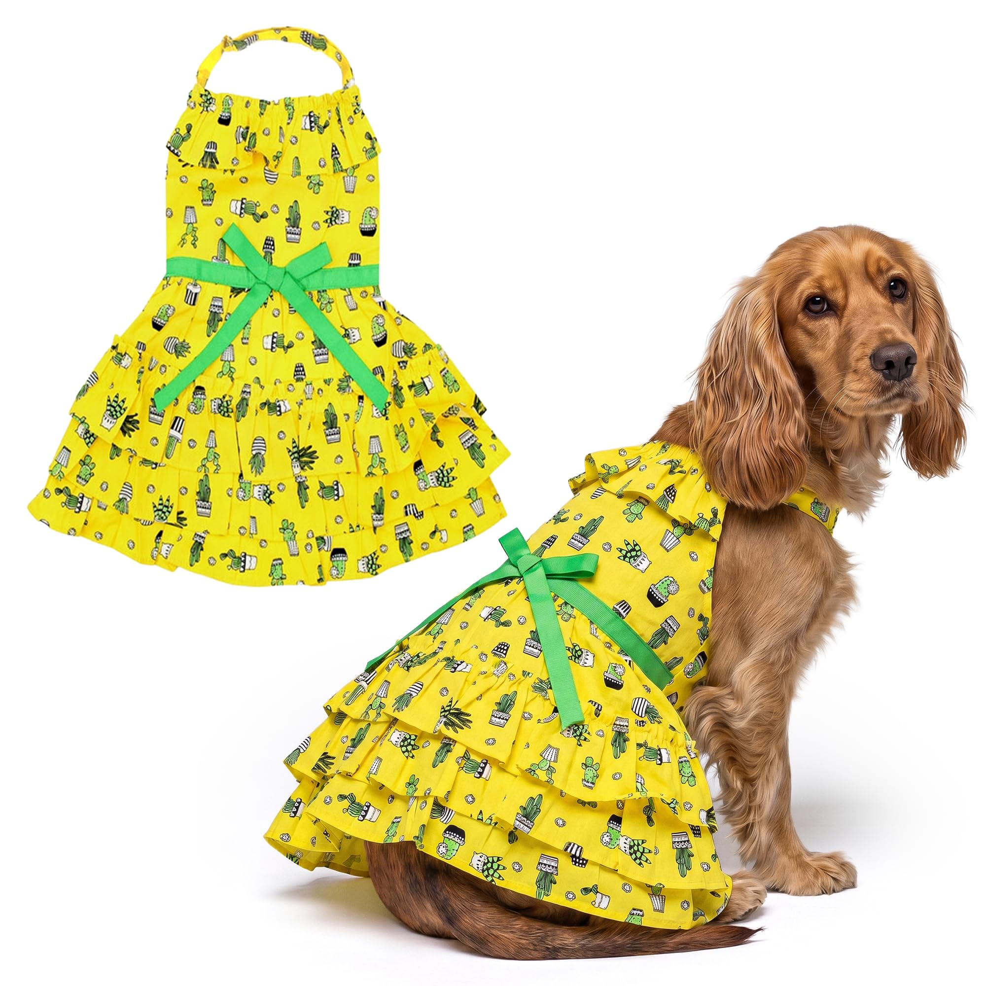 Parisian Pet Cactus Dog Dress - Summer Clothes for Large Dogs Girl - Tropical Pet Dress - Beach Dog Outfit - Lightweight Puppy Clothes - Yellow Dresses for Dogs - Female Dog Apparel — image 1