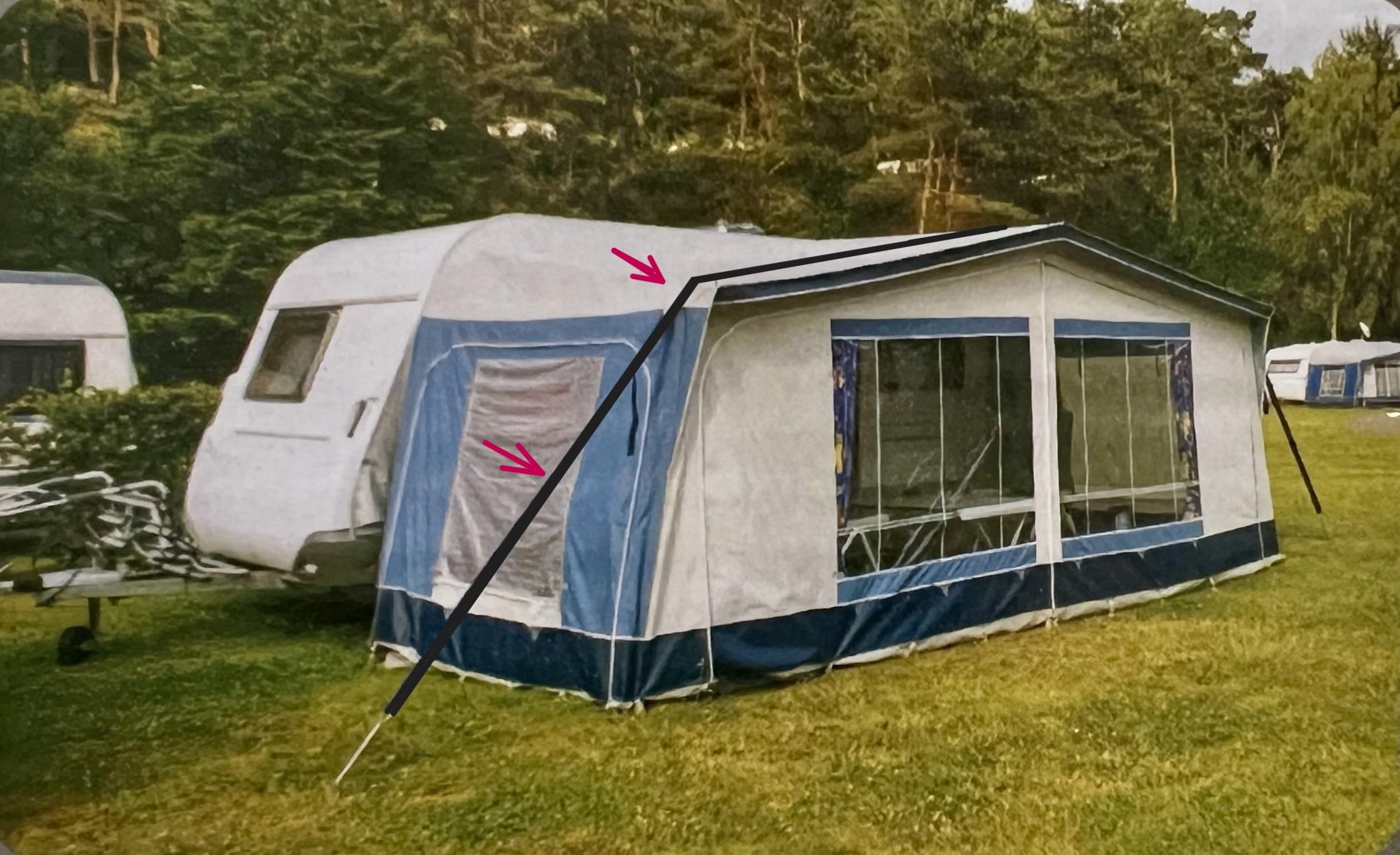 Sturmband XL für Markisen und Vorzelte, Wind/Sturm -Sicherung 2X Hering & Spannfeder für Zelt Zelte Markise Vorzelt Pavillon Wohnwagen Wohnmobil Camping Zubehör Dachhalteband Spanngurt + TMV24-Chip