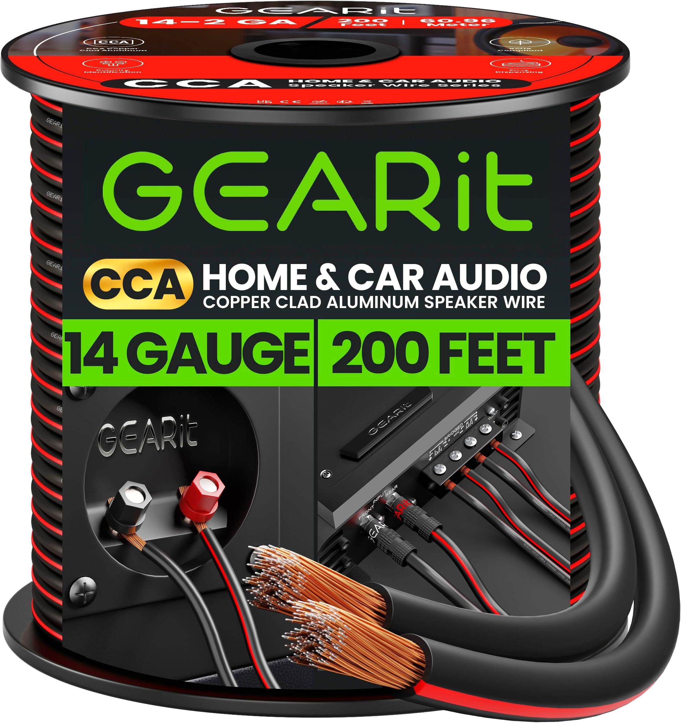 スピーカーワイヤ 14ゲージスピーカーワイヤー GearIT 14AWG 100フィート 30.48m アウトドアインストール高品質スピーカーワイヤー ブラック 200 Feet GI-SPKR-14AWG-CC-200FT