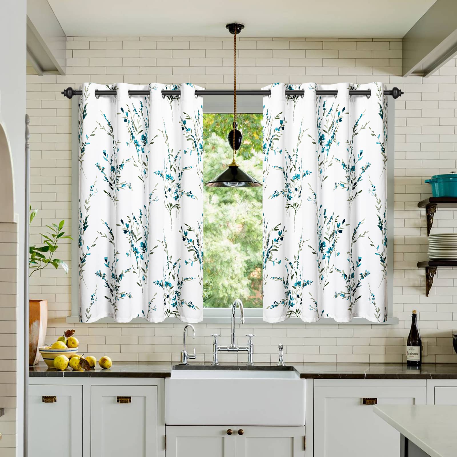 MYSKY HOME Kitchen Curtains 45 inch Long Floral Curtains for Small Window Thermal Insulated Light Filtering Soft Curtains for Bedroom Bathroom Grommet Top Leaf Flower Drapes, 2 Panels, Sage