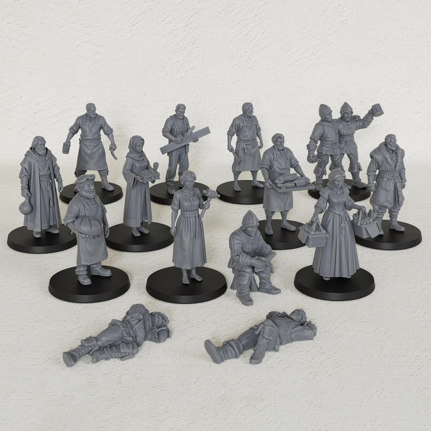 Fantasy NPC Figurine Set for Dungeons and Dragons & TTRPG, Gothic Townsfolk DND Miniatures - 14pc Unpainted 25mm Human Miniatures for Tabletop Gaming- Market NPC (AF1104 R)