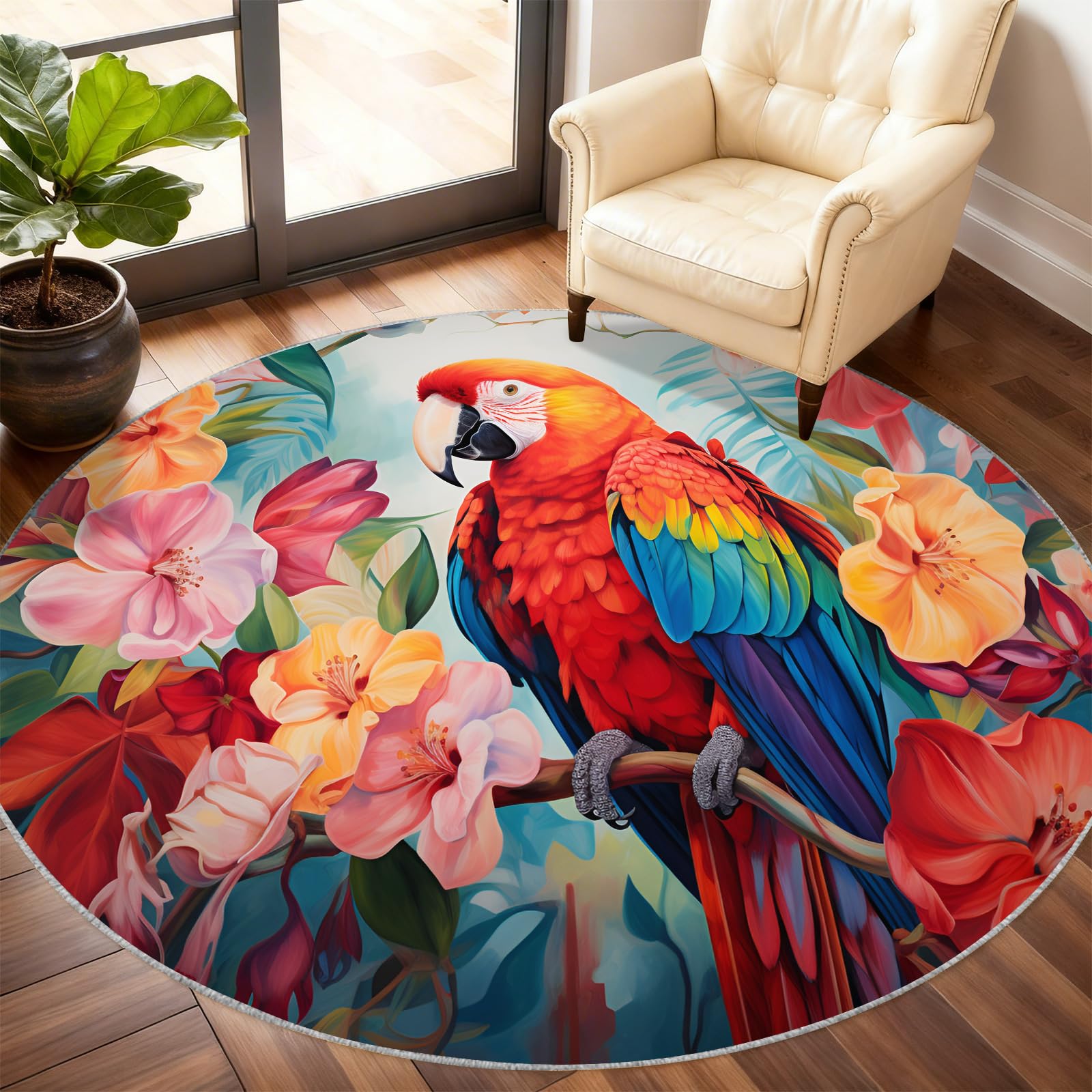 Tapis lavable tropical rond à poils courts et dossier antidérapant
