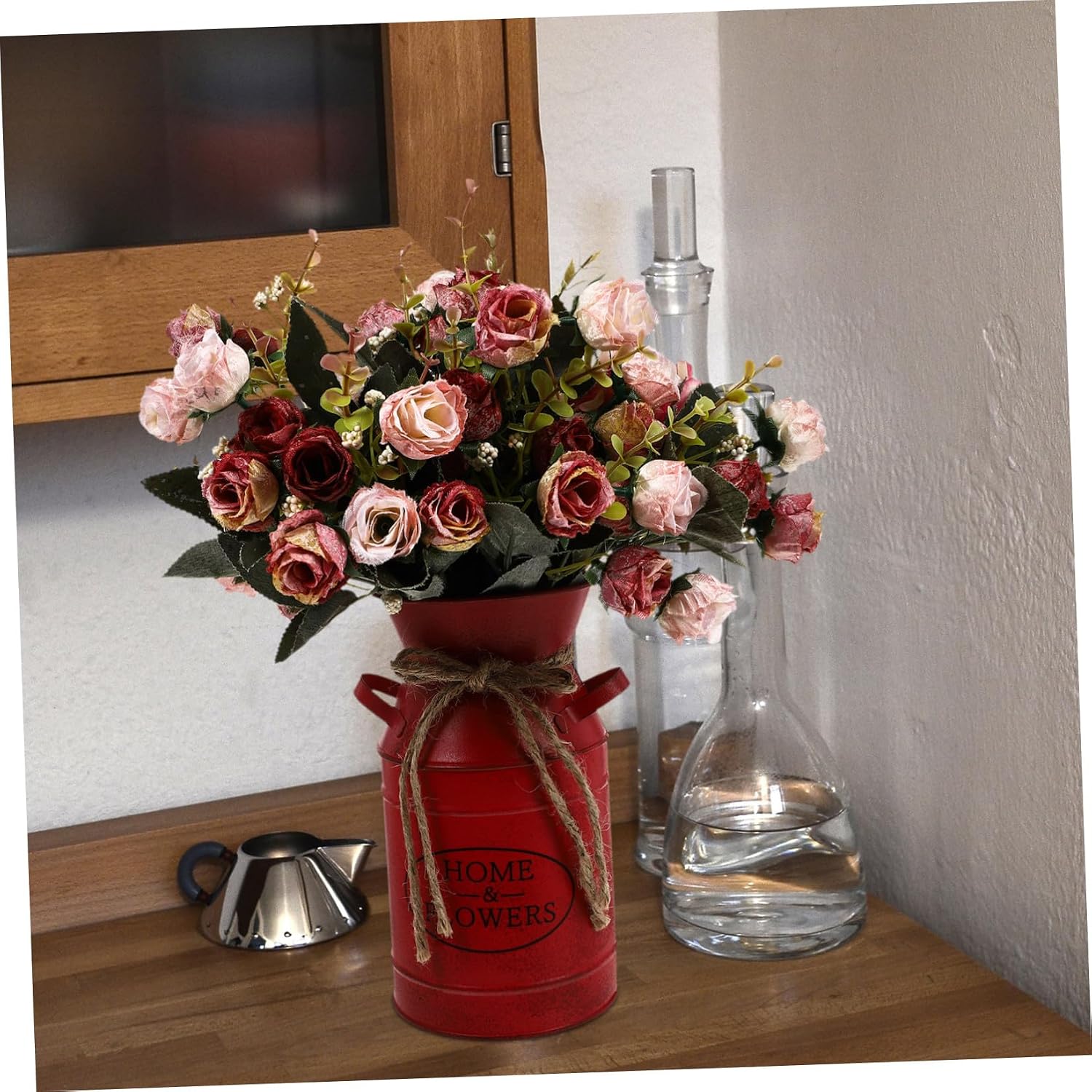 Retro Iron Milk Can Flower Bucket Vase for Home Decor Red