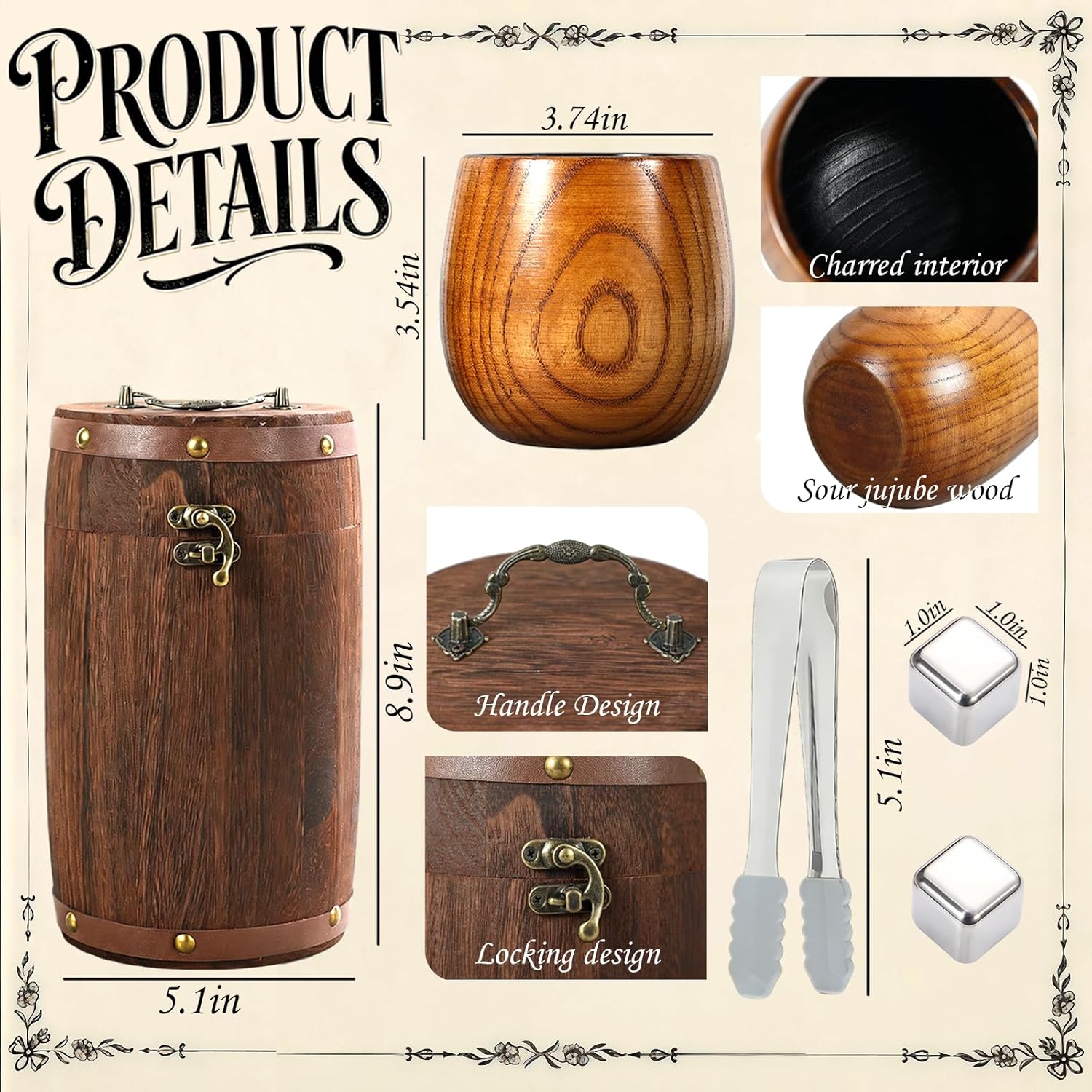 Charred Wooden Bourbon Glass Gift for Men, 10oz Whiskey Tumbler with 2 Stainless Steel Whiskey Stones, Tongs, Barrel Box, Old Fashioned Glass Whiskey Gift for Dad Husband Boyfriend Birthday Present