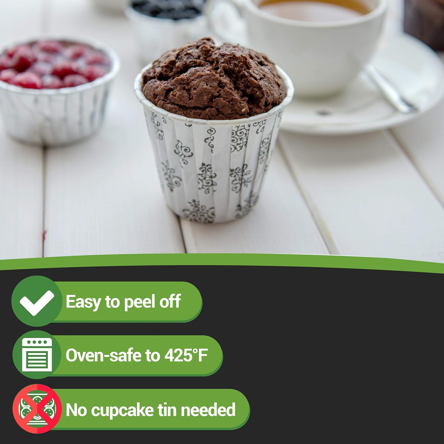 Restaurantware Panificio 3.5 Ounce Baking Cups 200 Pleated Cupcake Liners - Oven-Ready Freezable Black And White Paper Muffin Cases Disposable Vintage Floral For Wedding Parties Baby Showers