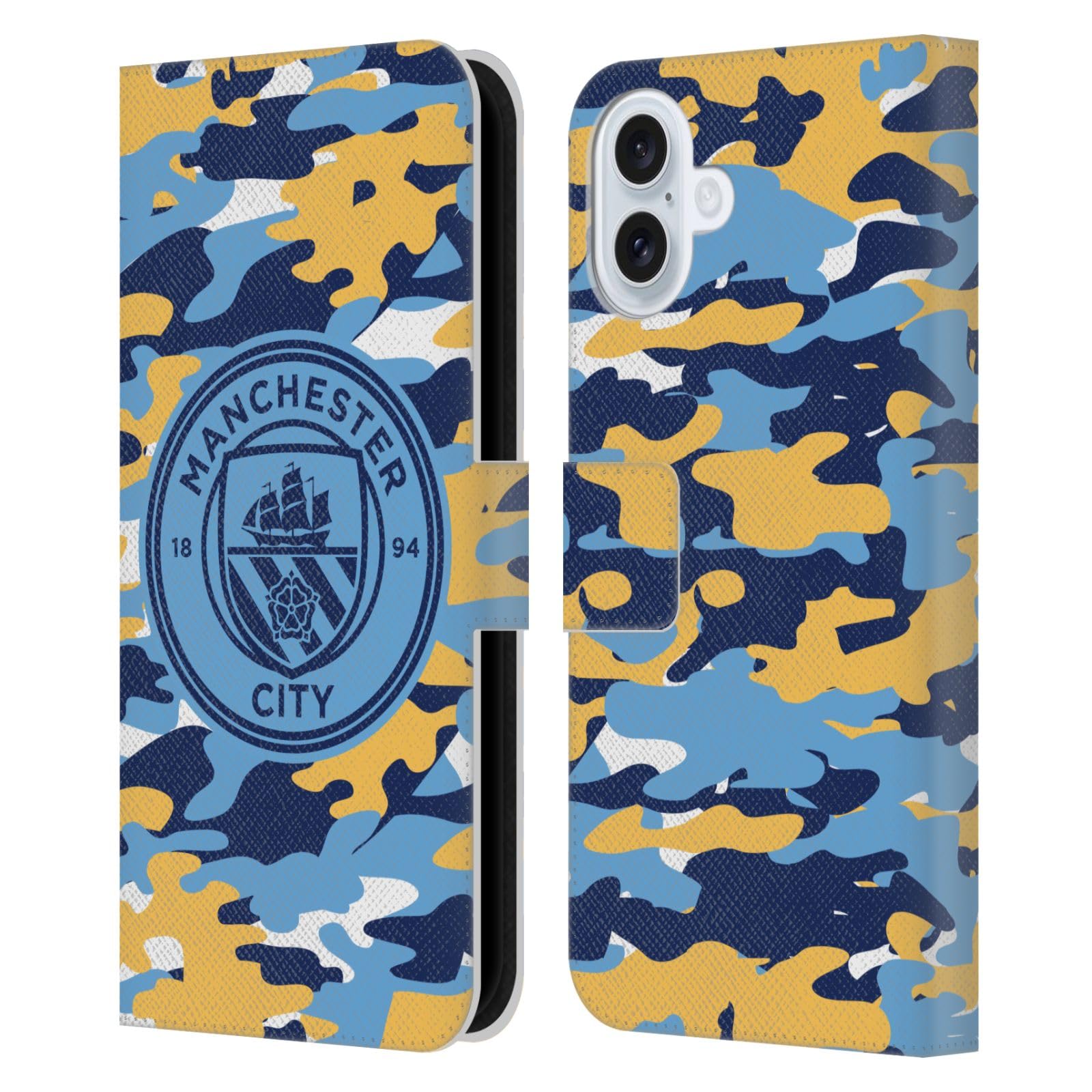 Head Case Designs Officially Licensed Manchester City Man City FC Club Mono Badge Camou Leather Wallet Case Compatible With Apple iPhone 16 Plus