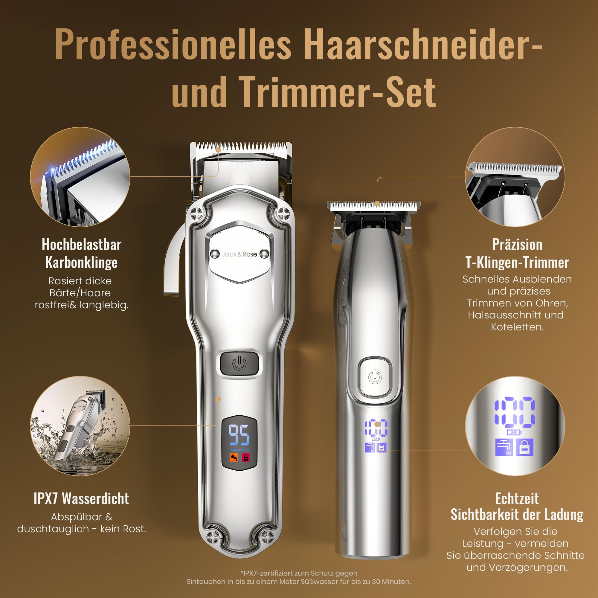 Jack & Rose Haarschneidemaschine Profi Haarschneider Kabellos Wiederaufladbar IPX7 Wasserdicht Bartschneider Herren Pflegeset