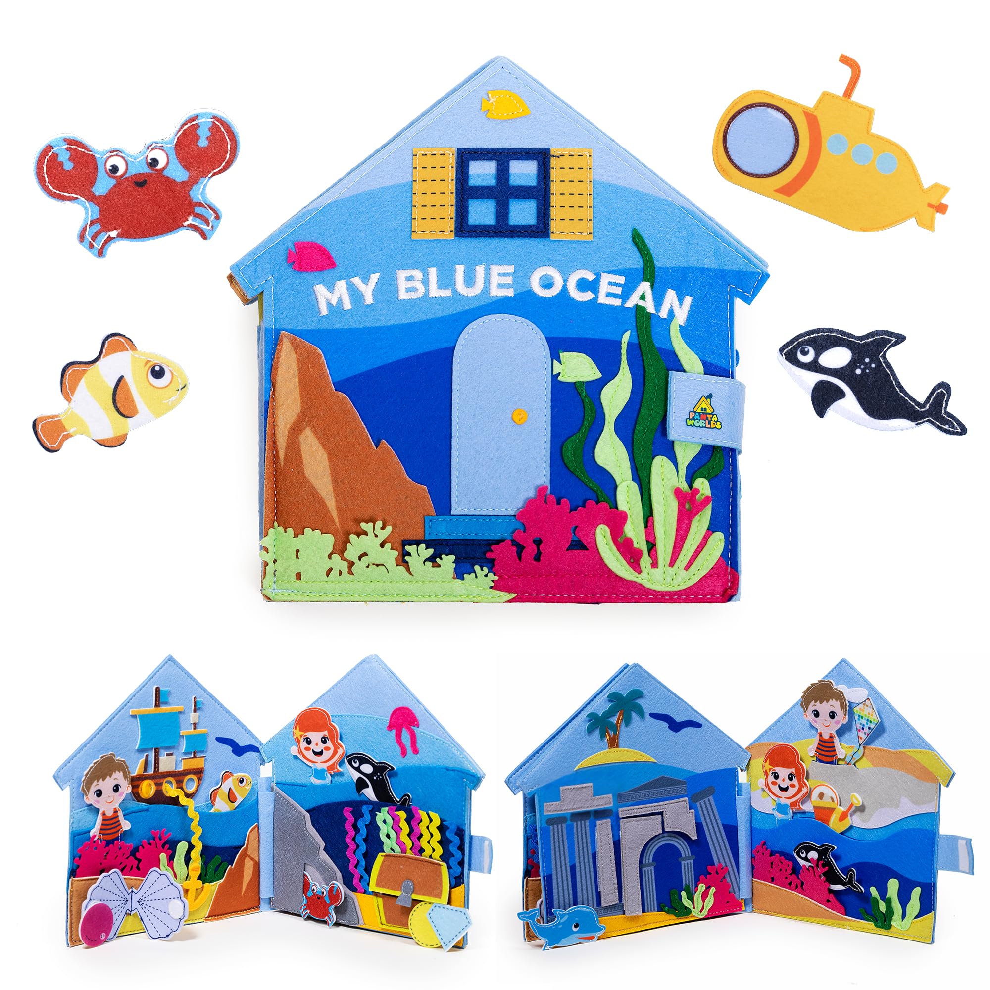 PANTAWORLDS® | Quiet Book | Pädagogisches Sensorisches Stoffbuch | Montessori Spielzeug ab 1 Jahr | Kinderspiel | Busy Book | Busy Board | CE-Zertifikat (My Blue Ocean, Einzelstück)