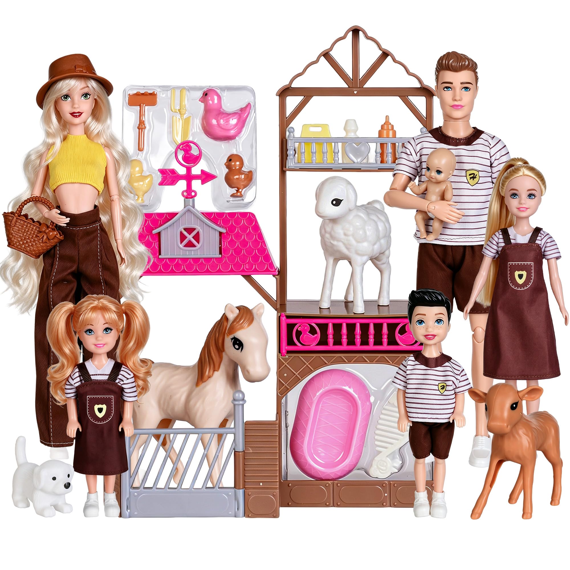ebuddy 6pcs 11.5 inch Family Dolls With Farm Theme Accessories Play Set: 11.5 inch Mom, Dad, Two Daughters, One Son and A Baby, Present for Kids 3+ (Gift Box Package)