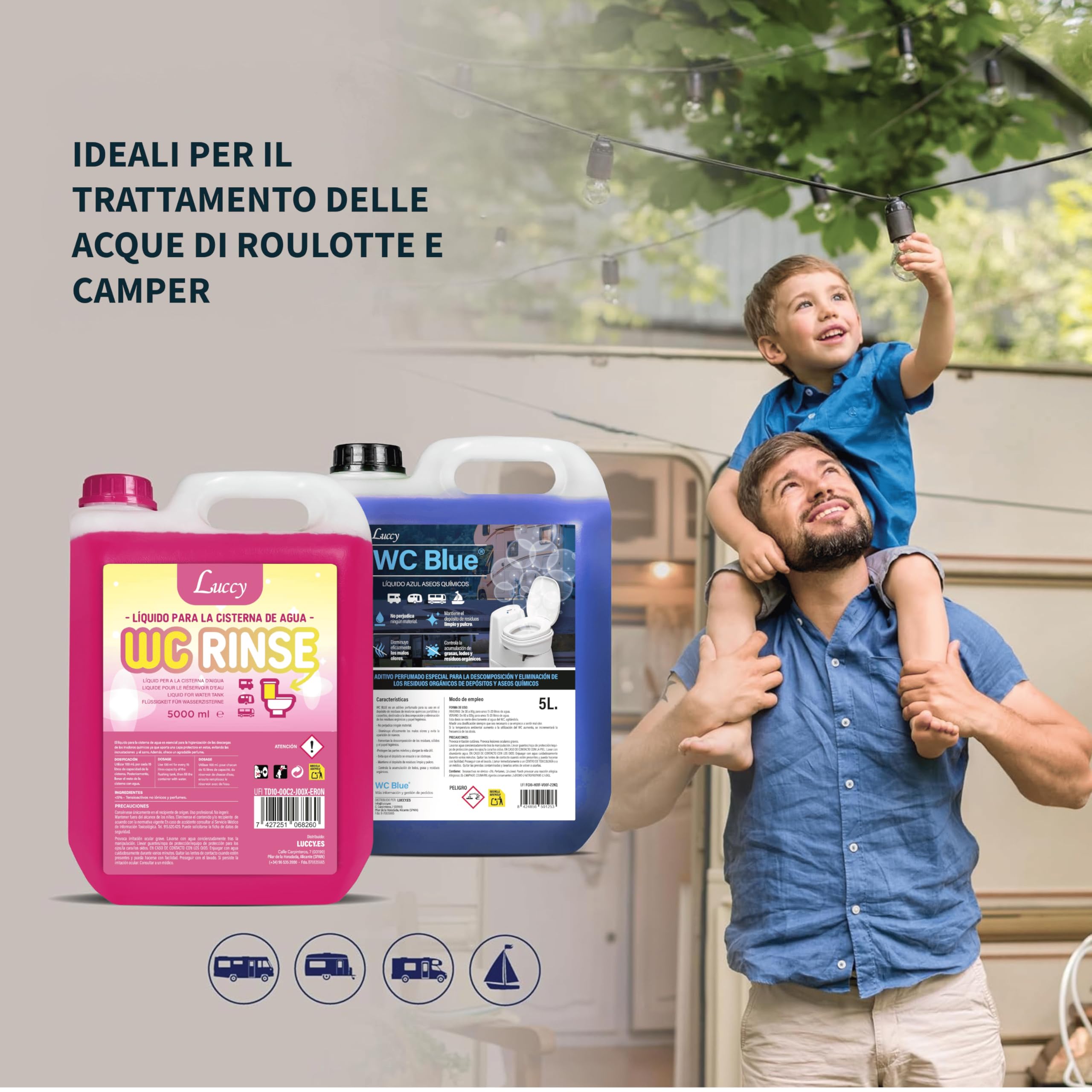 LUCCY WC Blu 20 Litri | Liquido per WC Chimico e Acque Nere | Additivo per Serbatoio di Scarico Camper, Caravan e Roulotte | Controllo degli Odori e Decomposizione dei Rifiuti