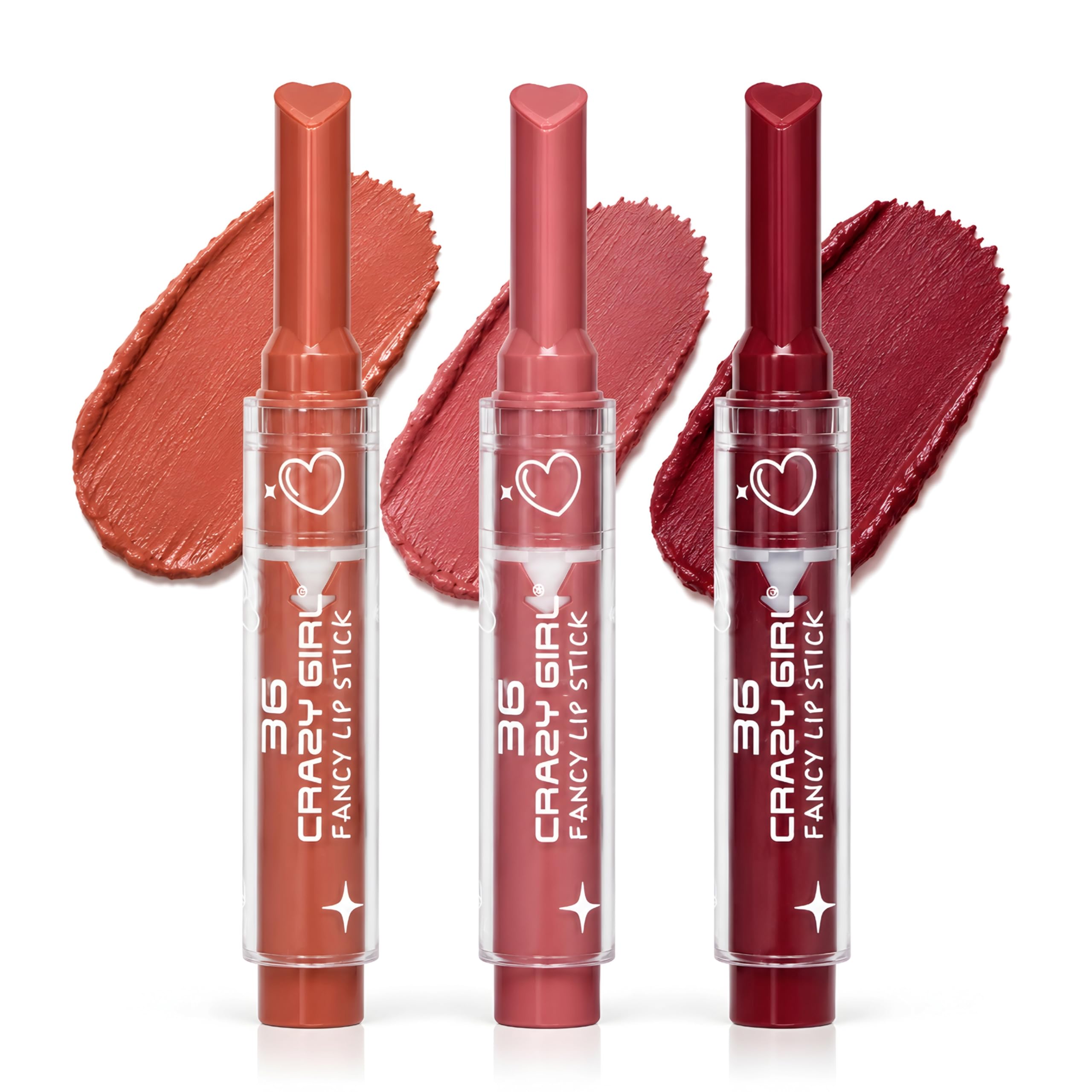 CRAZY GIRL Fancy Lip Stick Combo Pack of 3 | Soft Matte Hydrating Lipstick Set for Women | Korean Velvet Matte Lipstick | Long Lasting Highly Pigmented Moisturizing Formula | Push Button Lipstick | Nude & Coral Everyday Shades (SET C)-image-0