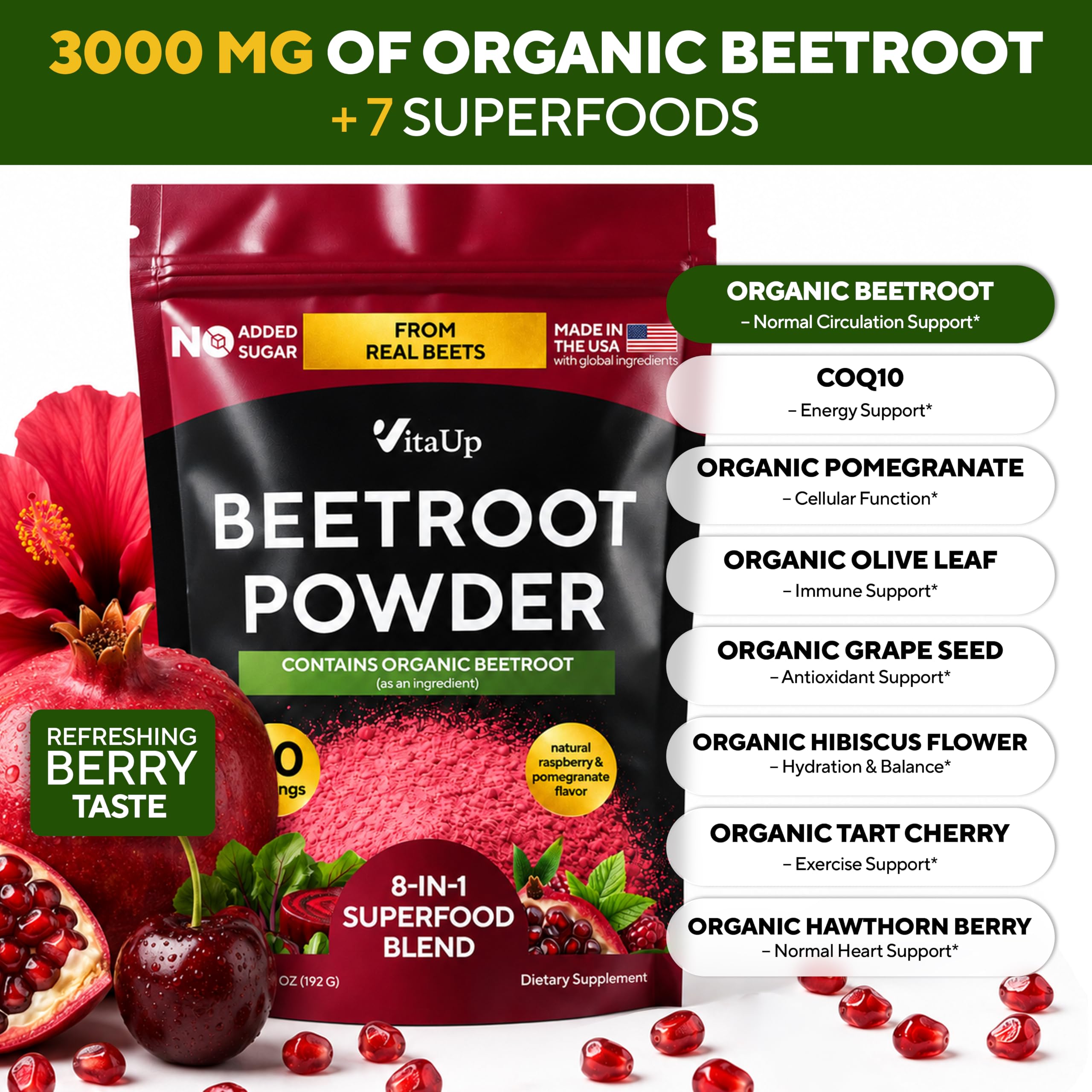 VitaUp 8-in-1 Beetroot Supplement with Organic Beetroot Powder – USA Made Beet Root Powder with Grape Seed, Hawthorn, Coq10 – for Normal Circulation & Energy Support – 30 Serving — Amazon image 4