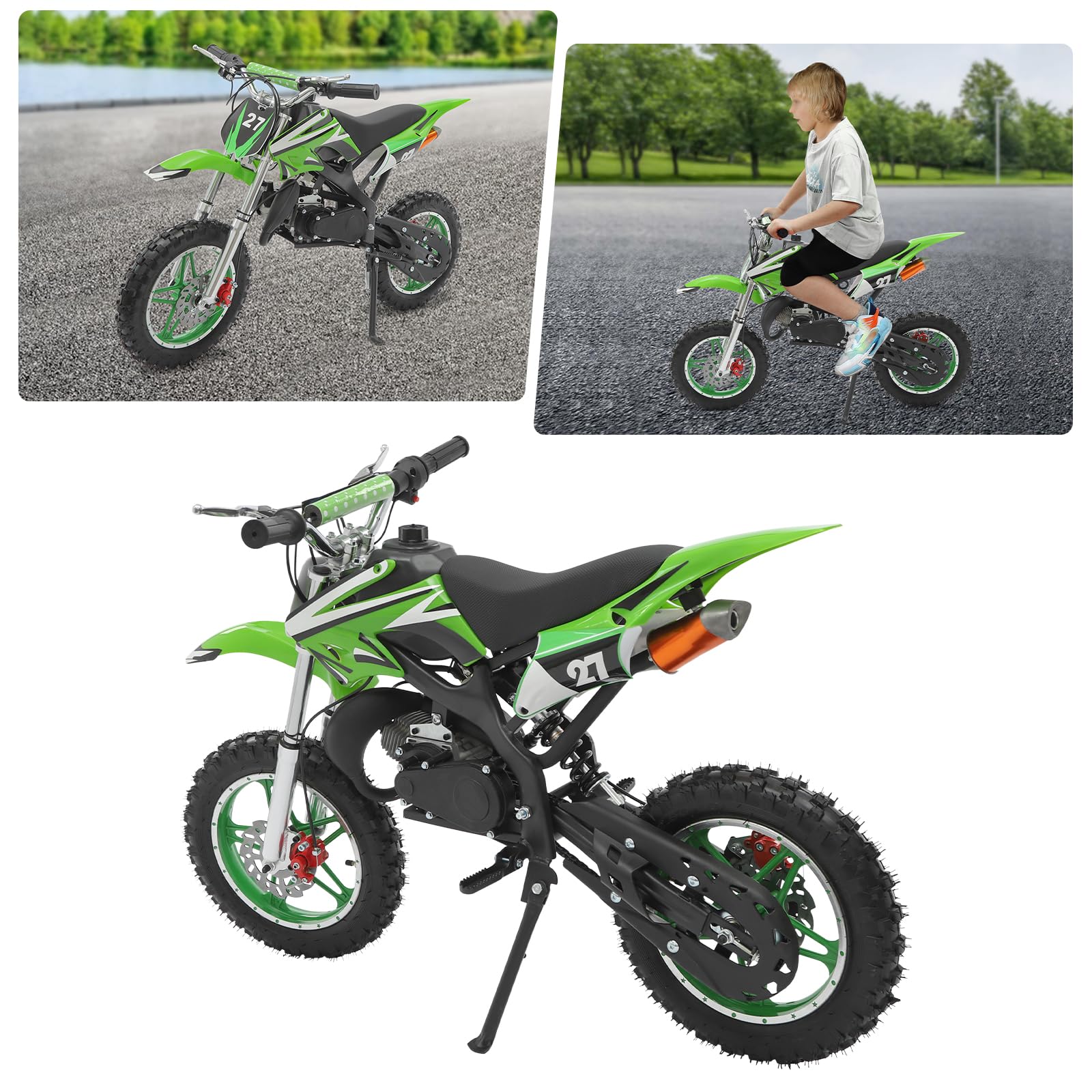 Motocicleta infantil de 49 cc Dirt Bike de 10 pulgadas, para niños de 8 a 14 años, para niños y adolescentes, color verde