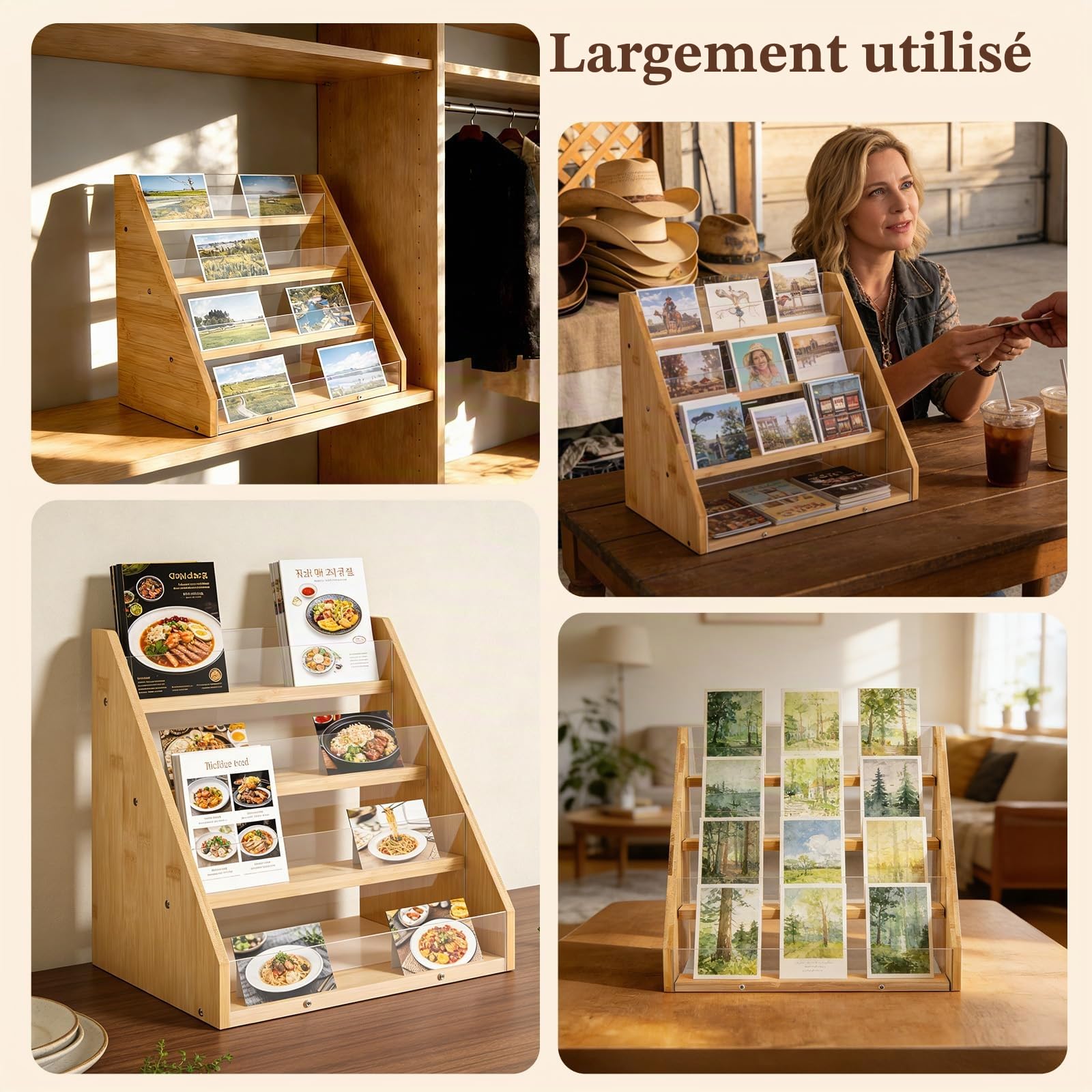 Présentoir à 4 Niveaux pour Cartes en Bambou et Acrylique, Support d'Exposition Portable avec Vitrine, Pour Étiquettes, Comptoir, Commerce de Détail, Bureau et Événements