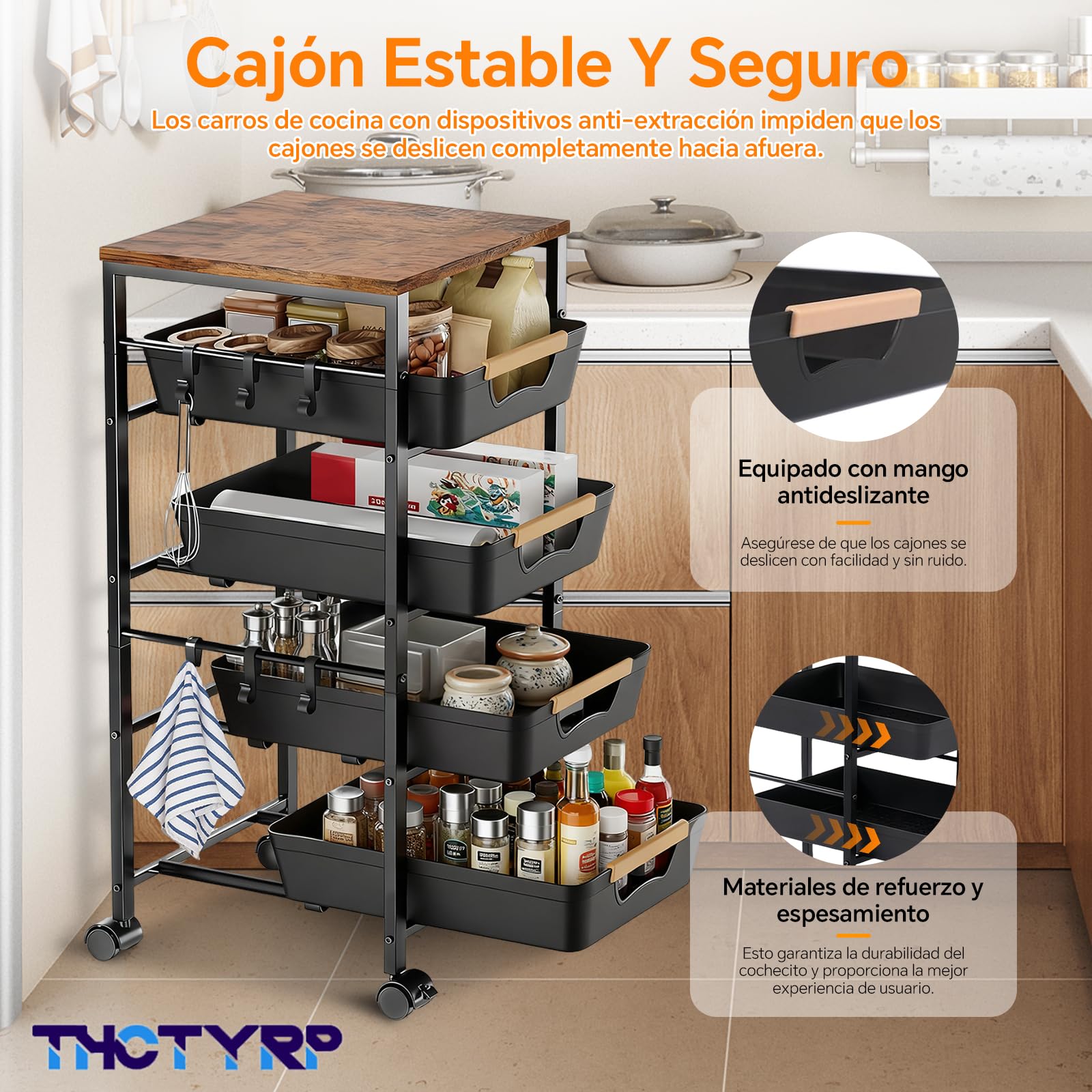 Carrito de 5 Niveles y 4 cajones, con Tabla de Madera y cestas ventiladas. Ruedas 360° con 2 Frenos. Ideal para Guardar Frutas, Verduras, microondas en Cocina o salón 32x38x81.5 cm
