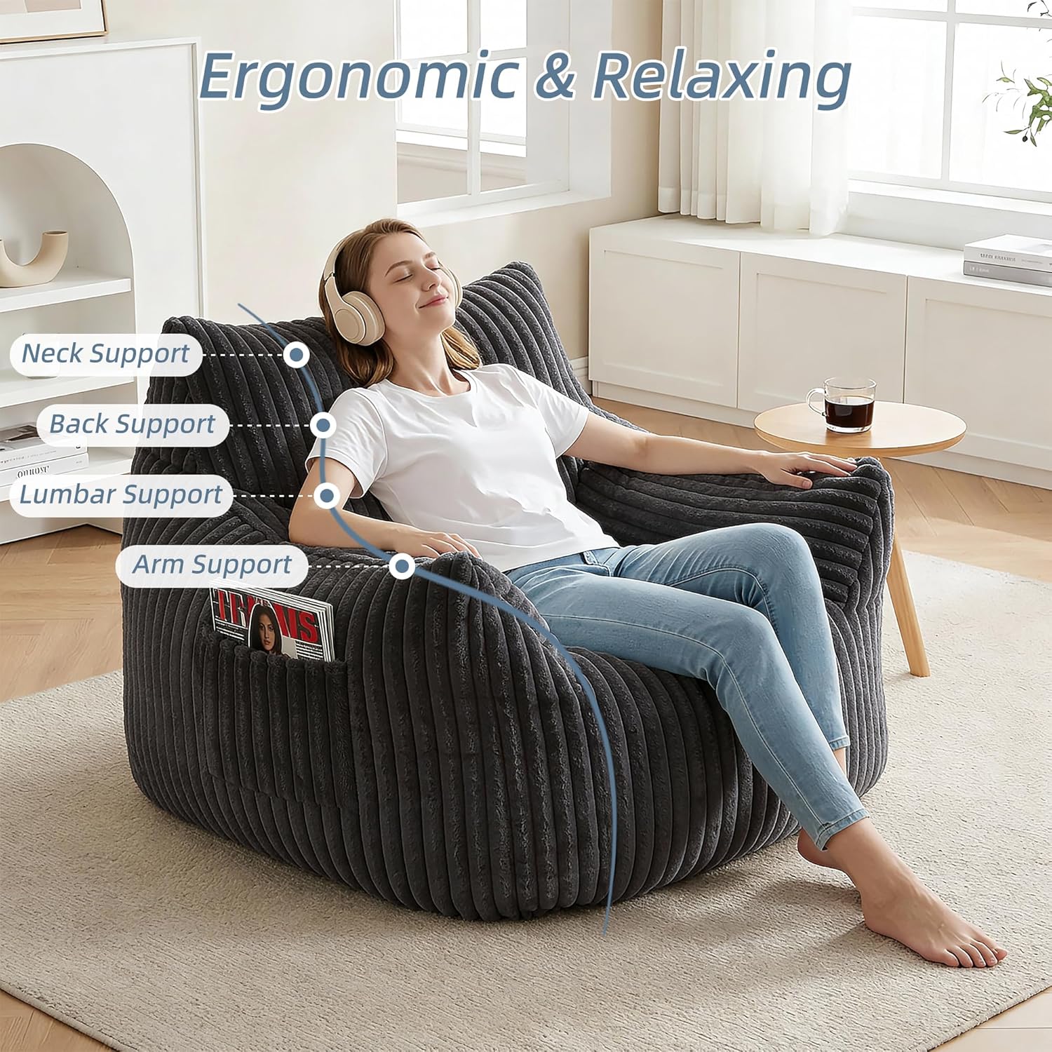 Giant Plush Bean Bag Chair Oversized Bean Bag Sofa Lounge Lazy Floor Sofa Accent Chair for Adults Teen with Memory Foam Filled for Living Room,Bedroom Or Balcony