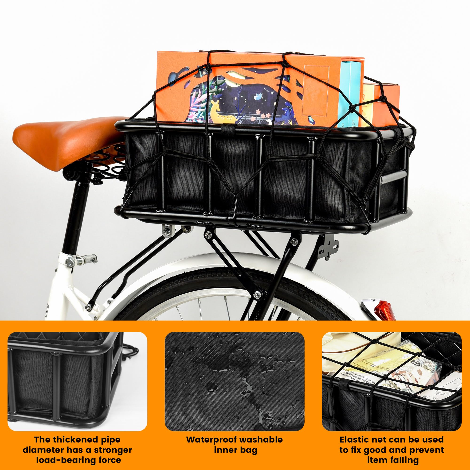 Grand panier arrière de vélo avec filet de cargaison, doublure et housse imperméable pour vélo électrique, vélo électrique et vélos, grande capacité