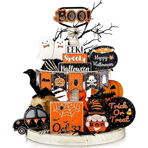 Thyle 15 Pcs Halloween Tiered Tray Decor Set Cute Halloween