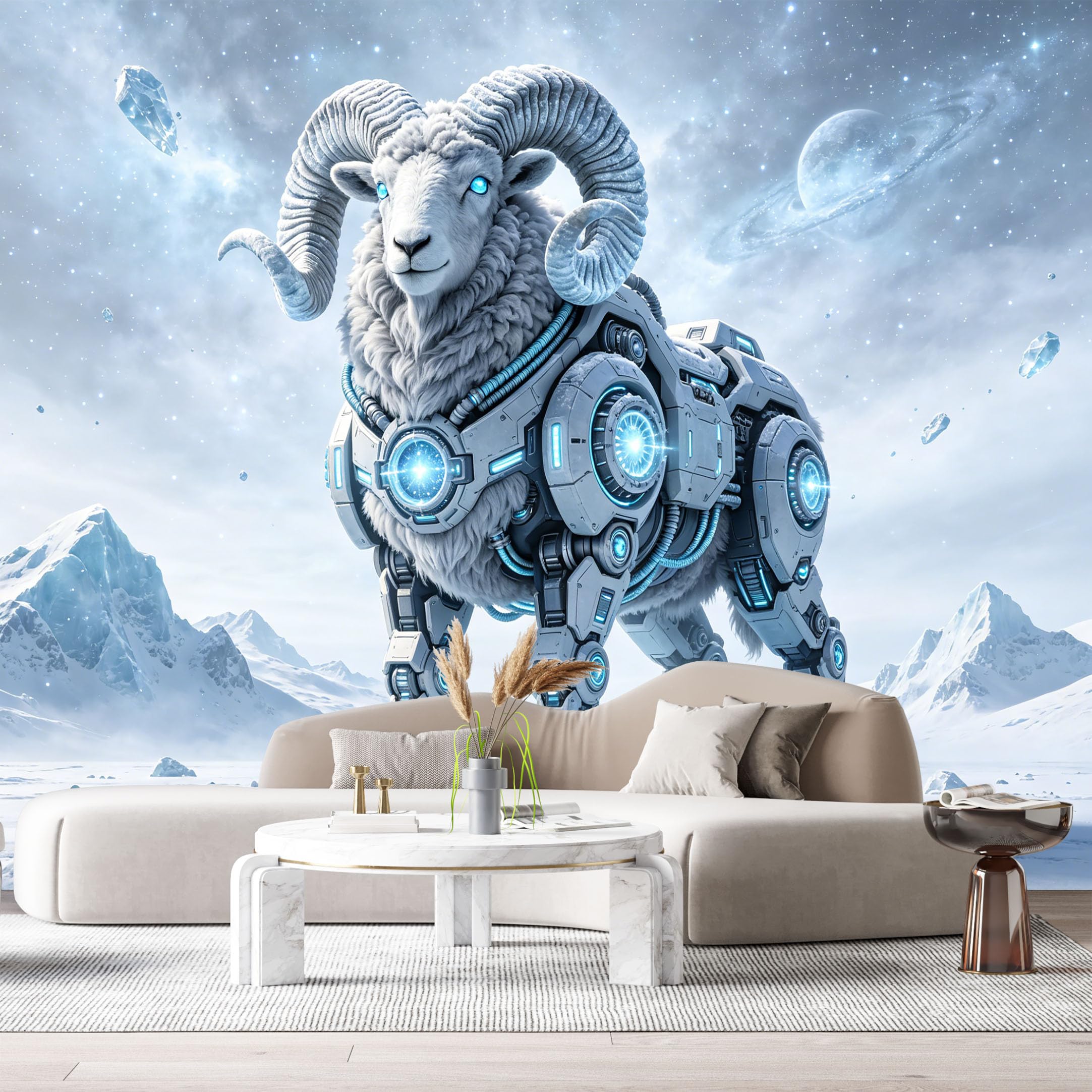 Custom Size Wall Mural Cyber Mech Horned beastIce Planet SciFi Robotic Animal Futuristic Armor Neon Machinery SelfAdhesive Art Prints Removable Large Wallpaper Esports Room Game Room Studio