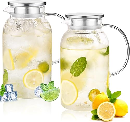 Paquete de 2 jarras de vidrio de 68 onzas con tapa. Jarra de vidrio para agua calientefría. Jarra de 0.5 galones para nevera. Jarras de agua para