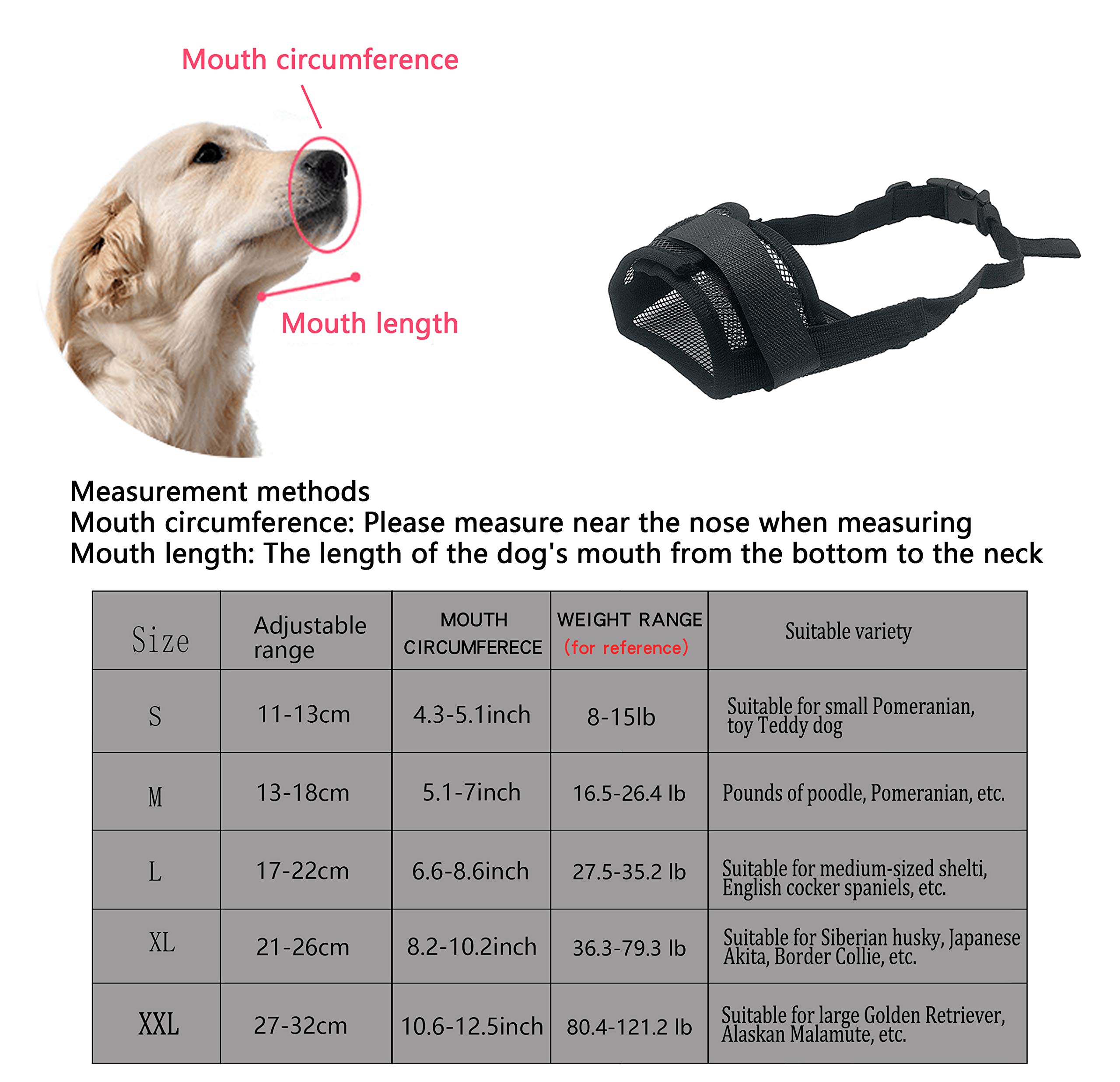 YAODHAOD Respirant Muselière en Nylon Réglable pour Chiens, Réglage Rapide de la Muselière, Museliere Anti-Aboiements et Anti-Morsures(L, Noir)