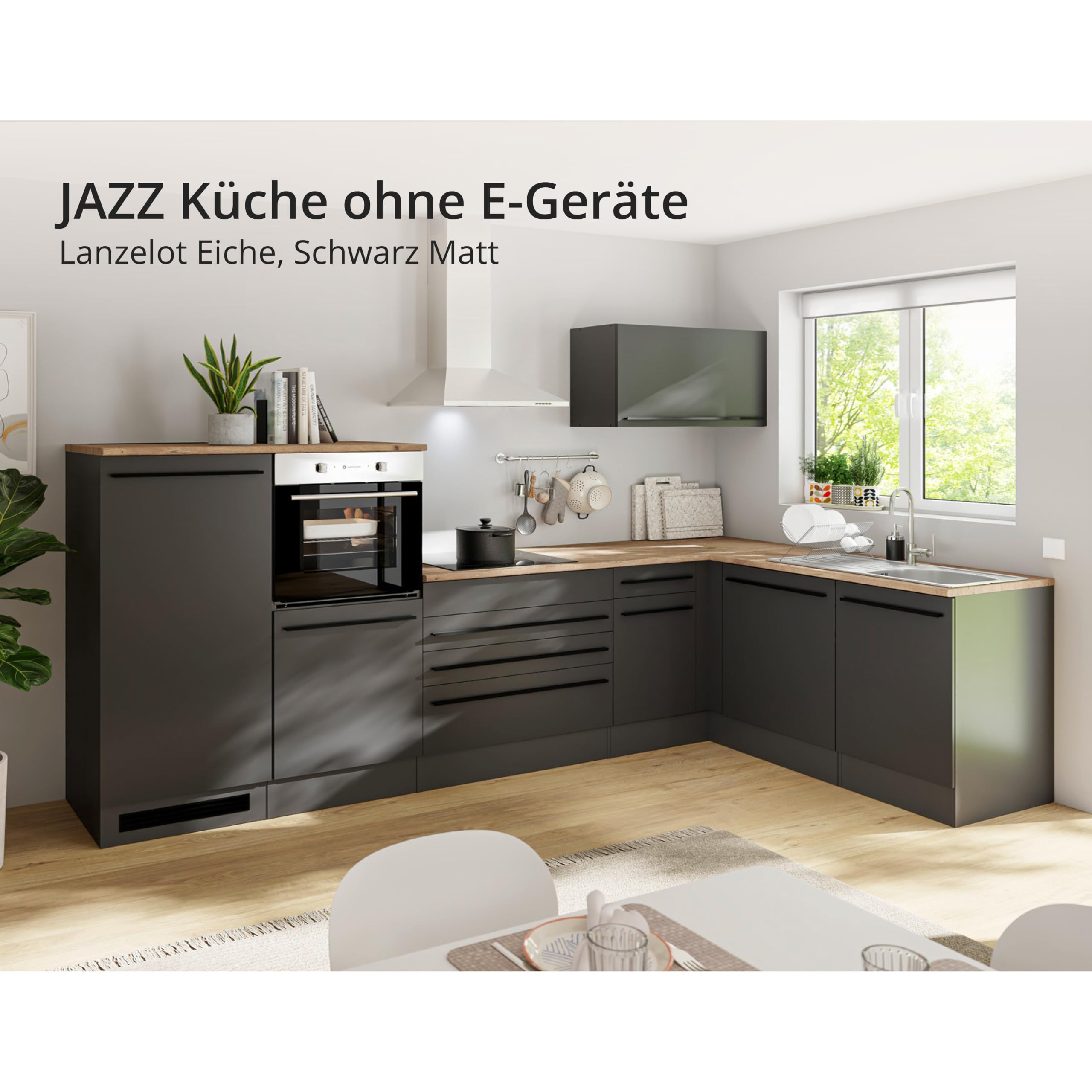 JAZZ 4 Eckküche ohne Küchengeräte L-Form Schwarz matt Lanzelot Eiche Optik