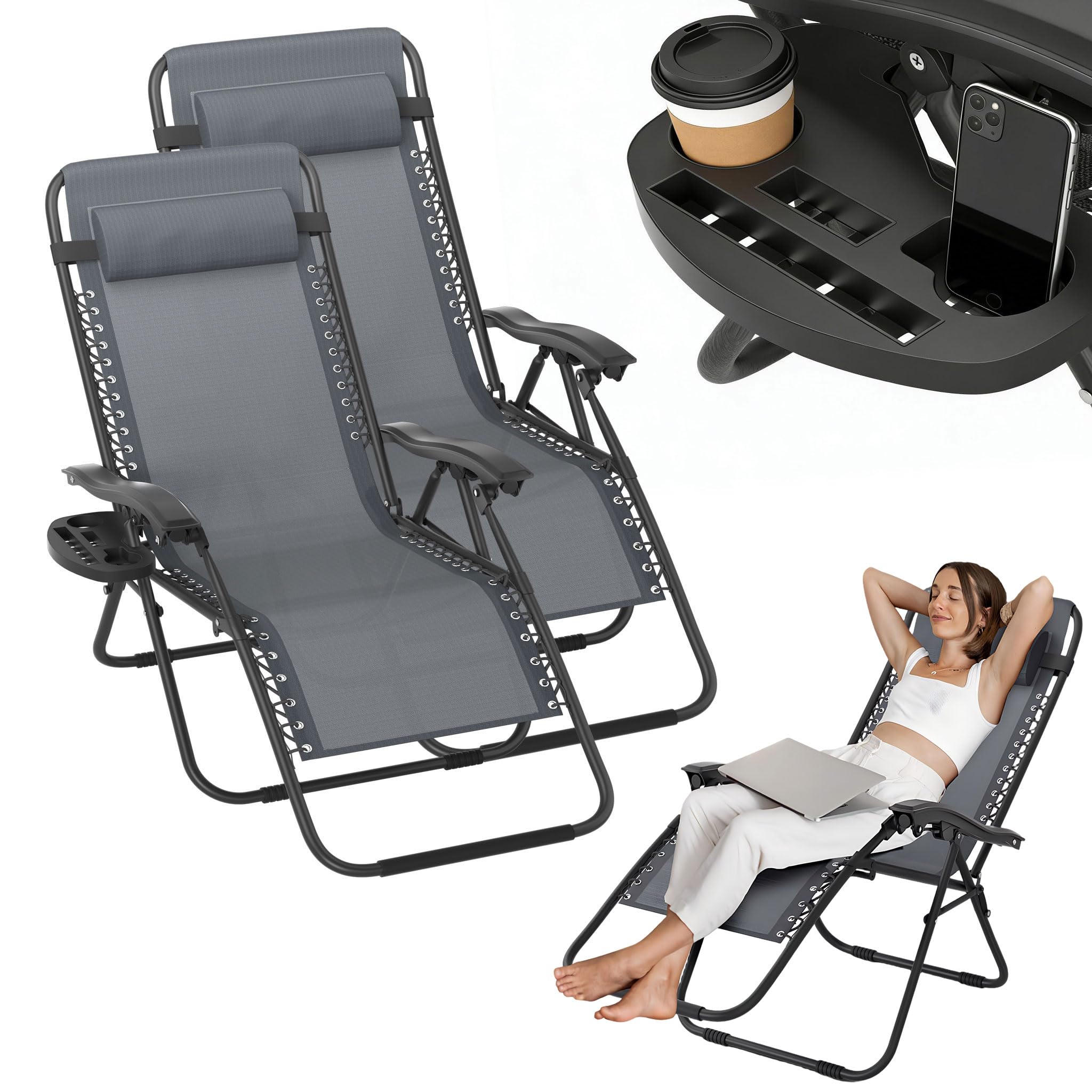 UISEBRT Klappbarer Liegestuhl mit Kopfkissen & Getränkehalter,Gartenliege Sonnenliege Extra Breit 64cm,Gartenstuhl Relaxliege mit Verstellbarer Rückenlehne