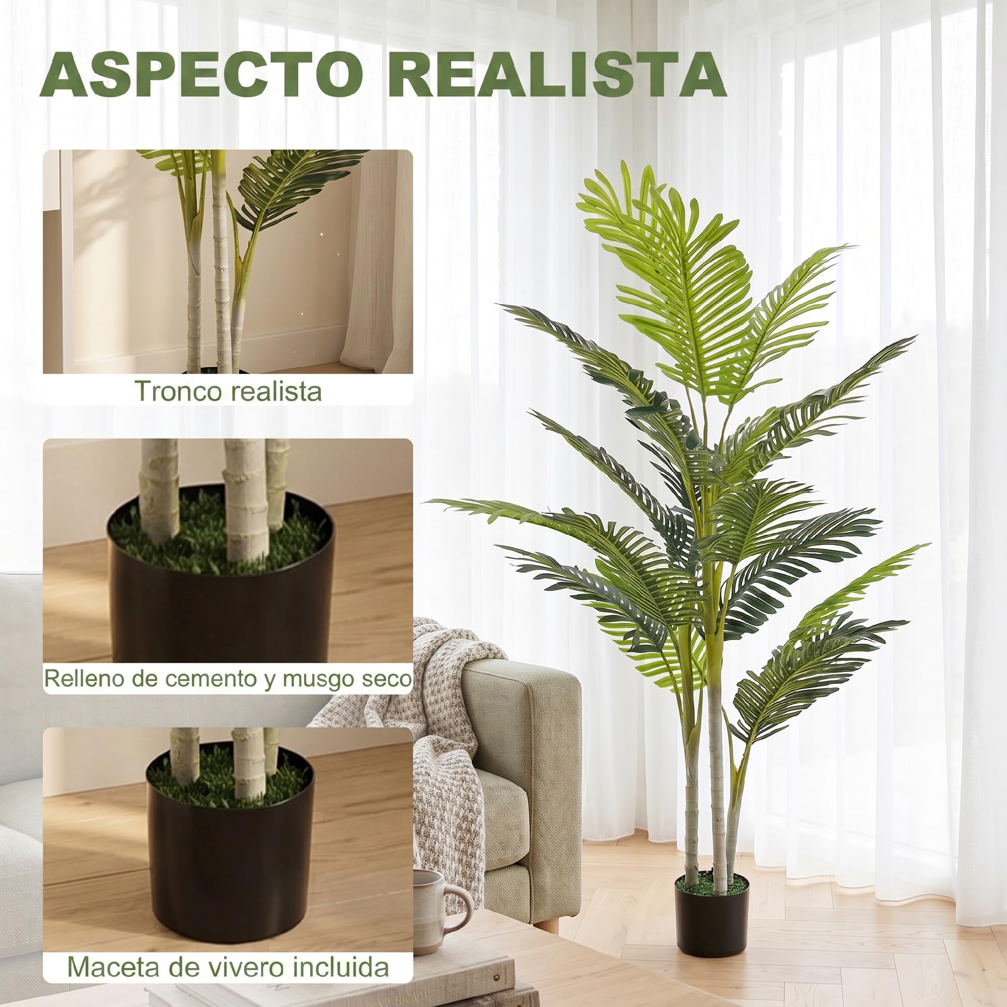 Outsunny Planta Artificial Palmera 150 cm Árbol Artificial Ø18x150 cm Verde | Maceta y Musgo, Decoración Interior, Salón, Oficina, Balcón