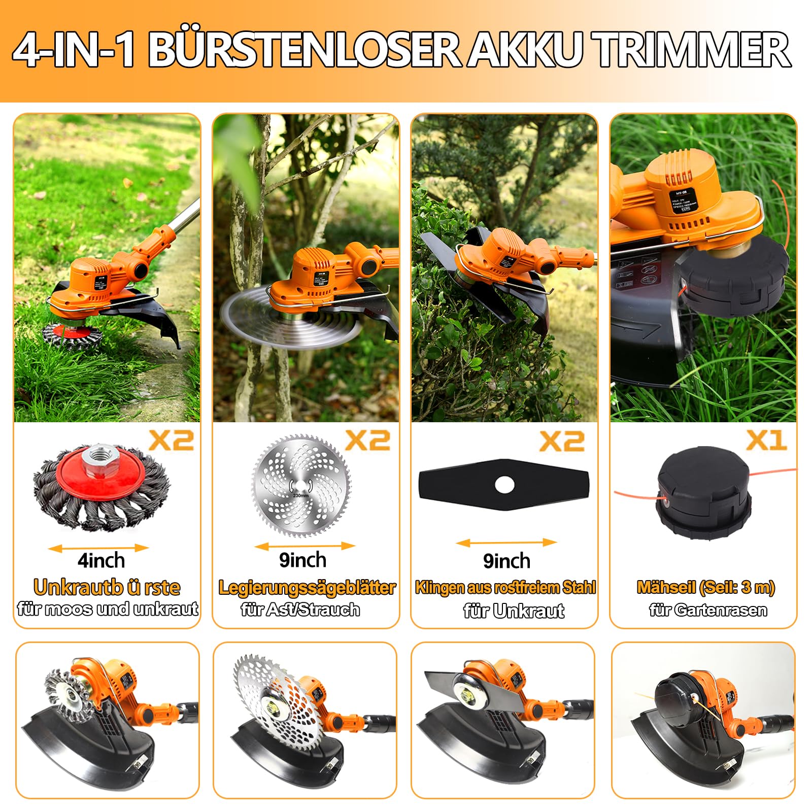 Coupe Bordure sans Fil avec Batterie 4 en 1 Debroussailleuse Electrique sans Fil 21V Débroussailleuse à Batterie Brushless avec 2 Batteries 4.0Ah, Brosse Désherbage et 1 Bobines,Orange,c