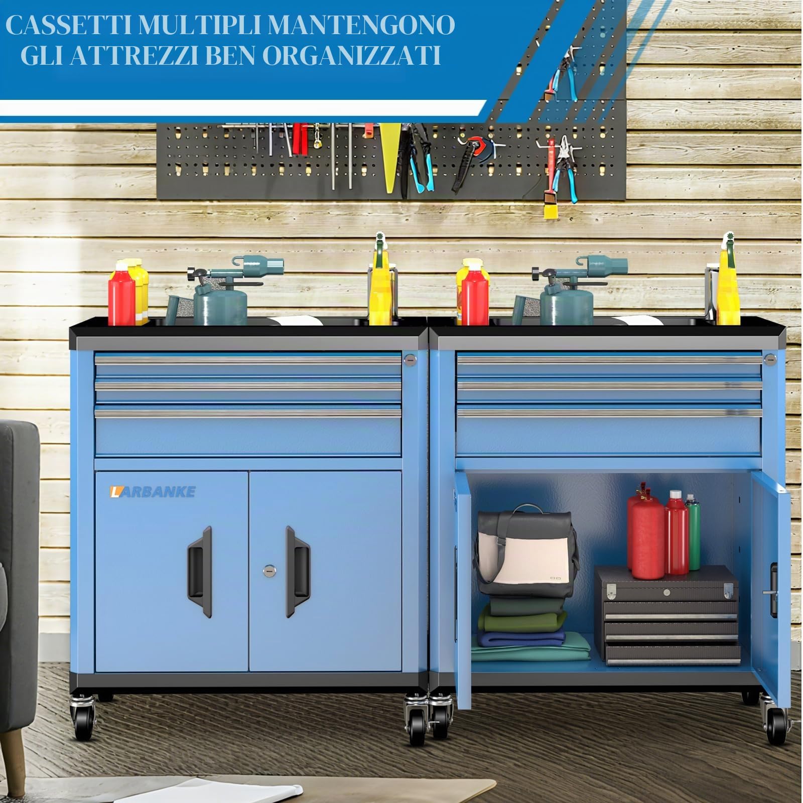 LARBANKE Carrello da officina a 3 cassetti, multifunzione, pieghevole, 4 ruote, asta di collegamento che collega più prodotti in un'unità più grande