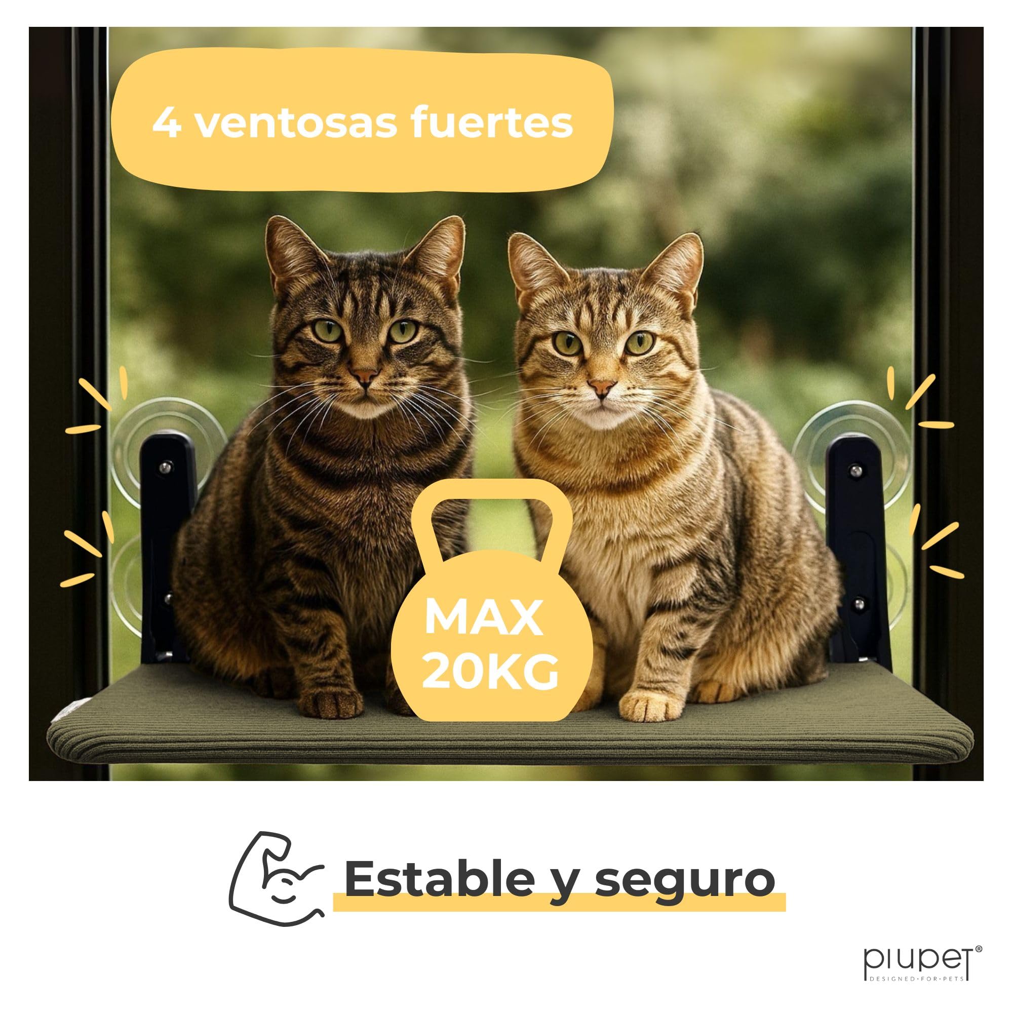 PiuPet® Hamaca gato ventana - Cama colgante para gatos con ventosas fuertes y marco de acero I Hamaca plegable y reversible 2 en 1 para verano e invierno I Cama gato grande hasta 20 kg (verde, grande)