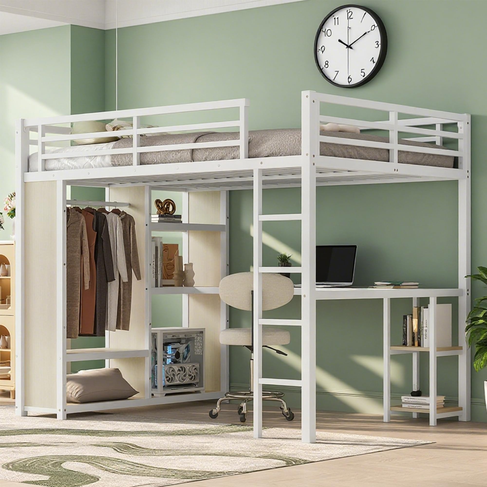 Bellemave Metal Queen Size Loft Bed with Desk and Wardrobe,Heavy Duty Loft Bed Frame with Storage Shelves for Kids,Teens,Adults, Space Saving,White