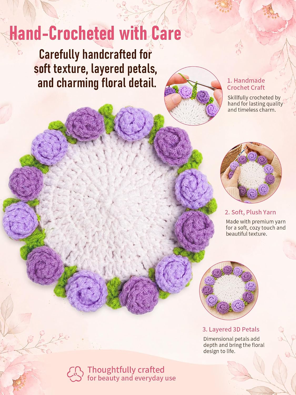 Crochet Flower Bouquet Coasters, Cotton Rose Gifts for Home Decor 4Pcs image 4