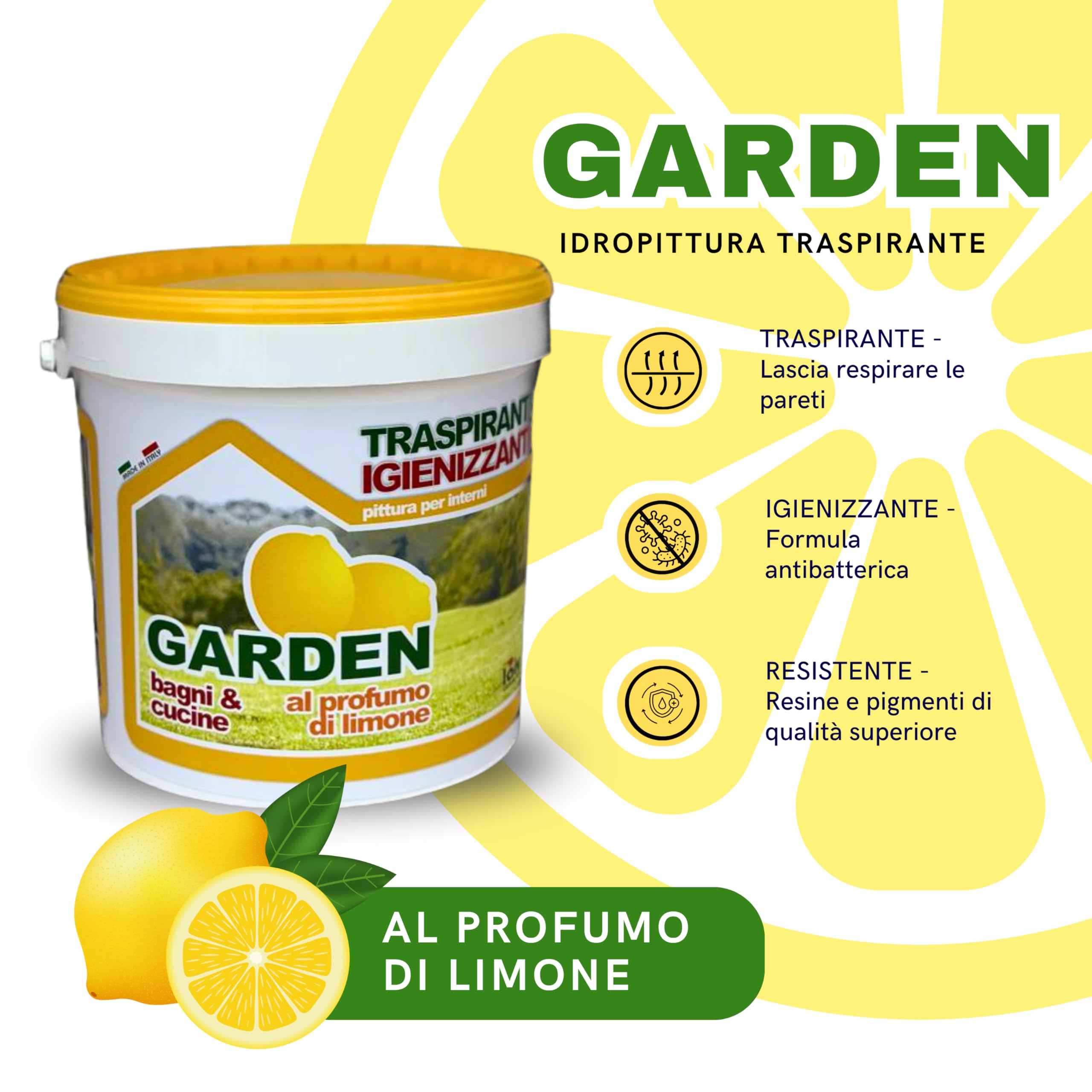 laiv Pittura Traspirante Igienizzante per Interni al Profumo di Limone – Ideale per Bagni e Cucine – 13 LT - Alta Copertura e Resa 12–14 m²/L – GARDEN