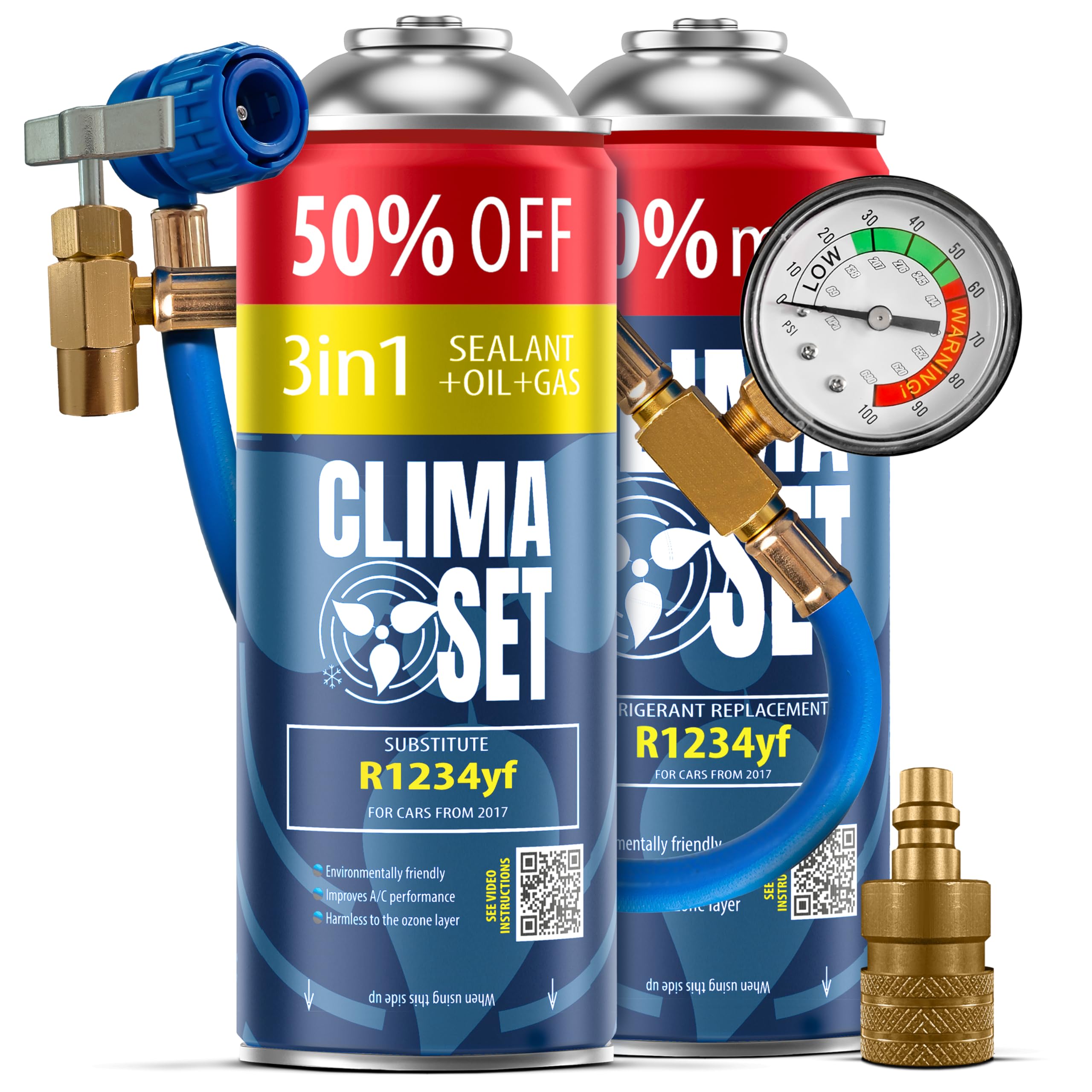 ClimaSet Replacement Gas R1234yf – 1 x 235 g – Car Air Conditioning Refill Kit + R1234yf 3in1-1x 235 g – with Hose and Gauge Adapter – Gas Air Conditioning Car – ECO
