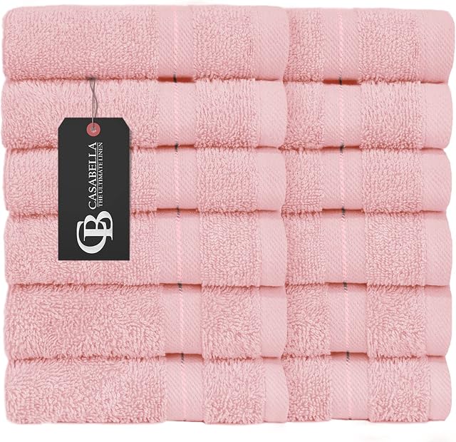 CASABELLA Premium Quality 12 Pink Face Towels (30x30CM) Highly Absorbent Wash Cloth set, 100% Combed Cotton 650 GSM Fingertip Towels soft Flannel Face Cloths 12 Pink Face Towel