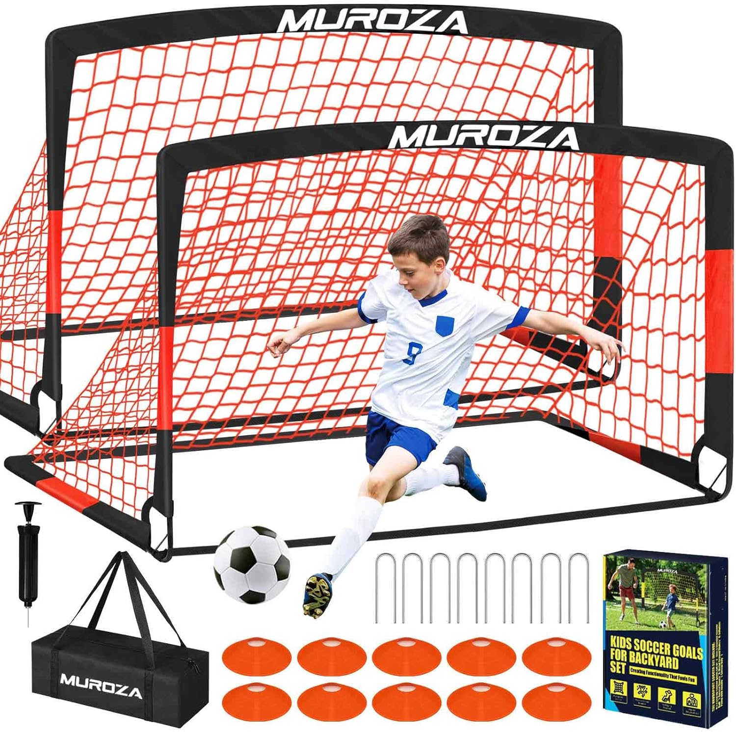 Soccer Goal, Kids Soccer Goals for Backyard Set, 2 Pack of Portable Pop Up Soccer Net with Soccer Ball, Cones, Complete Training Equipment for Youth, Toddler Outdoor Sports Games