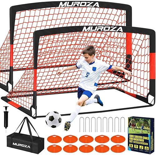Juego de porterías de fútbol para niños para patio trasero, paquete de 2 redes de fútbol portátiles desplegables con pelota de fútbol, escalera de