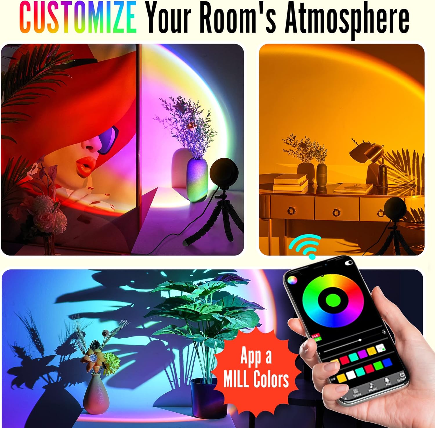 Modern Sunset Lamp 16 Color LED Projector 50MM Crystal Lens 9W Brighter Projection Lens. Mood Lighting Rainbow & Red Sun Display lamp. 360° Rotation App + Remote. Photography Living Room Bedroom Decor