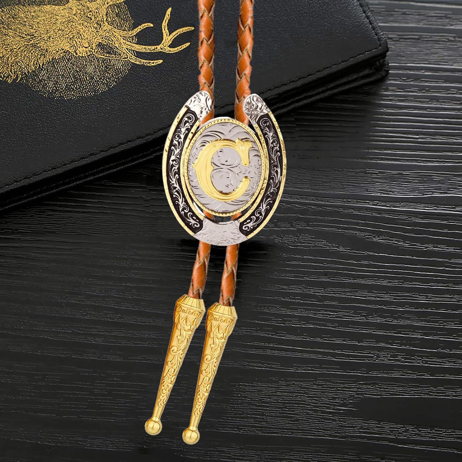 Bolo tie for Men Western Cowboy Brown Leather Necktie Gold Initial Letter ABCDJMR to Z Bolo ties for Women - Image 5