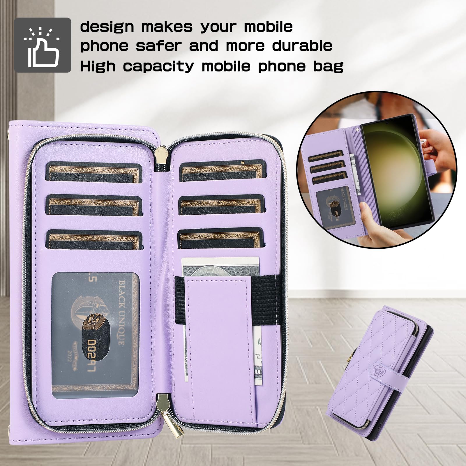 YYTVN Wallet Case for Samsung Galaxy S24 Ultra 6.8 inch with Zipper Card Holder & Shoulder Strap & Wrist Strap, Crossbody Purse Handbag Stylish Protective Cover for Galaxy S24 Ultra -Purple